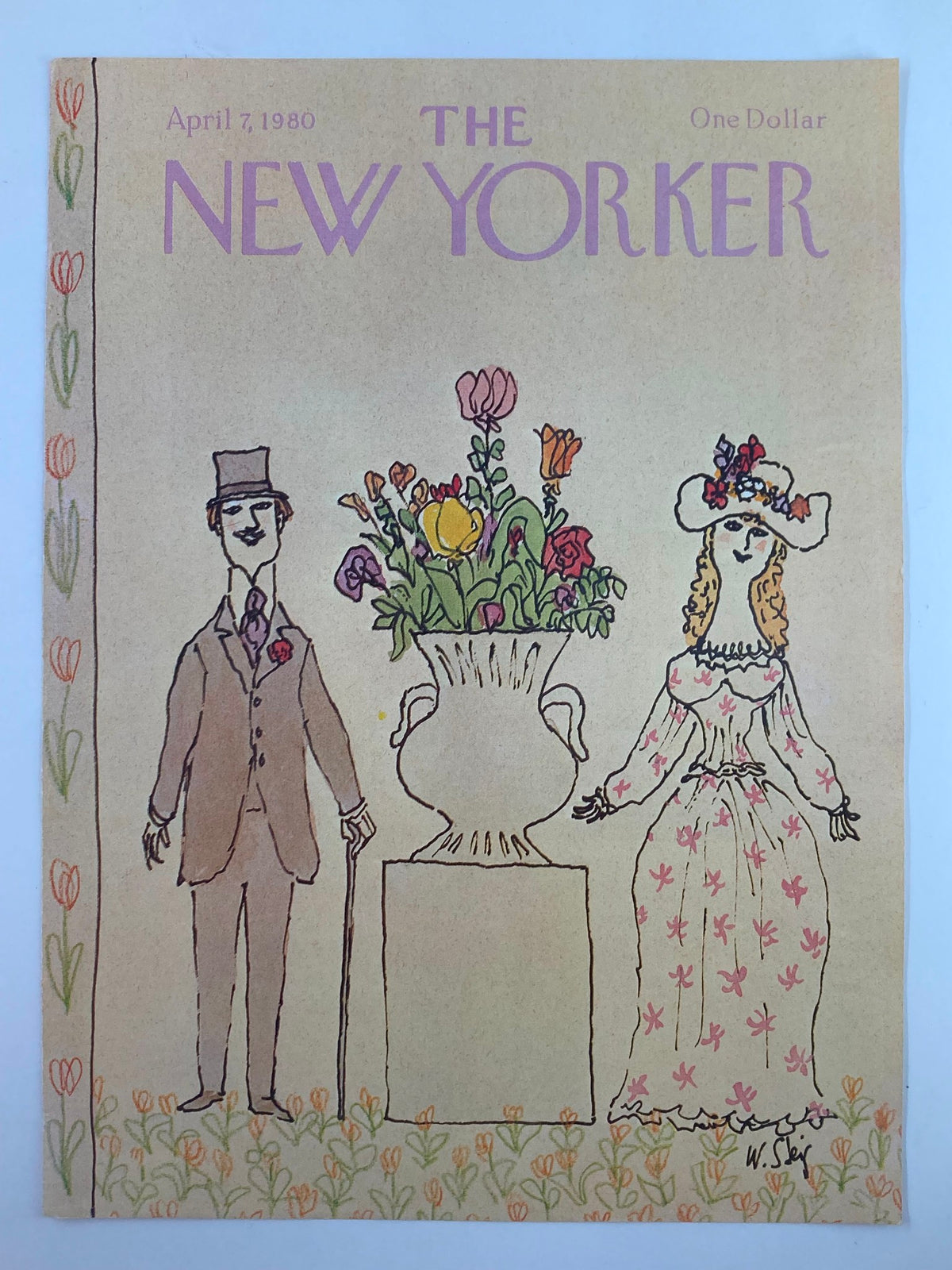 Cover of The New Yorker, April 7, 1980, titled 'The Flower Vase' by William Steig, showcasing whimsical characters and a vibrant floral arrangement.