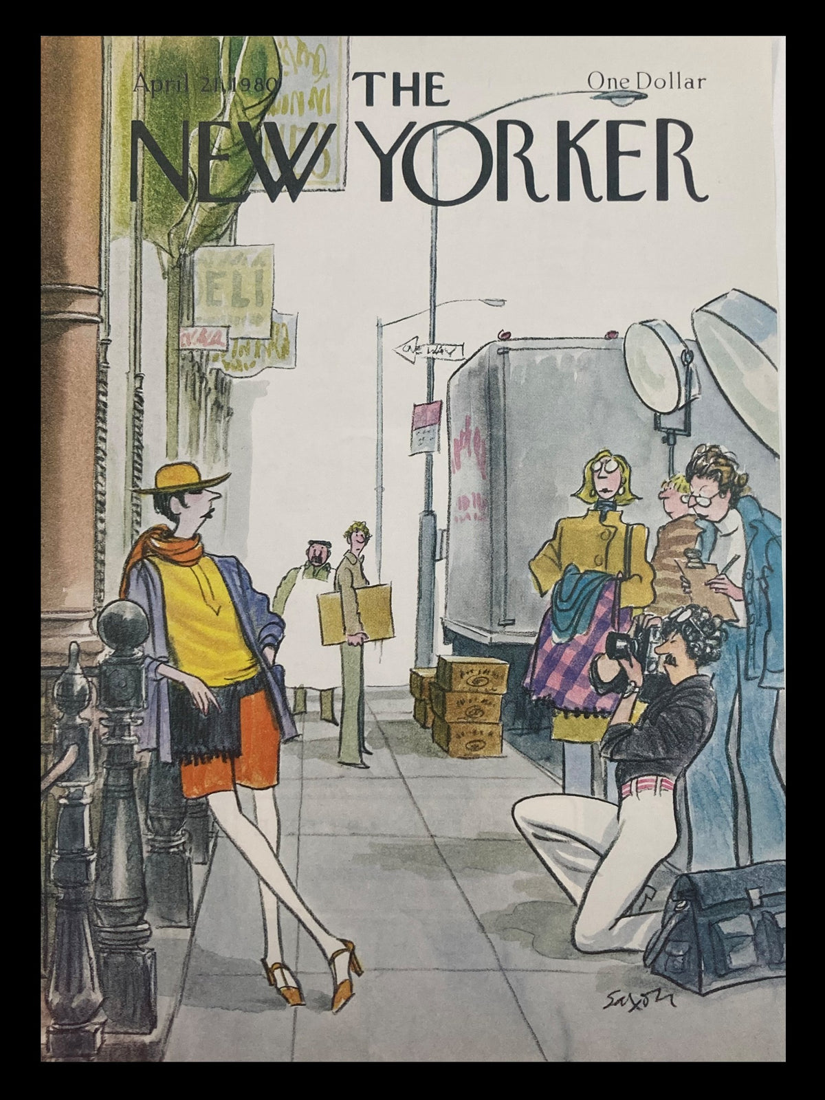 Cover of The New Yorker April 21, 1980, featuring street photography by Charles Saxon. The illustration showcases a vibrant urban scene with a fashionably dressed woman posing on the sidewalk, surrounded by photographers and onlookers.