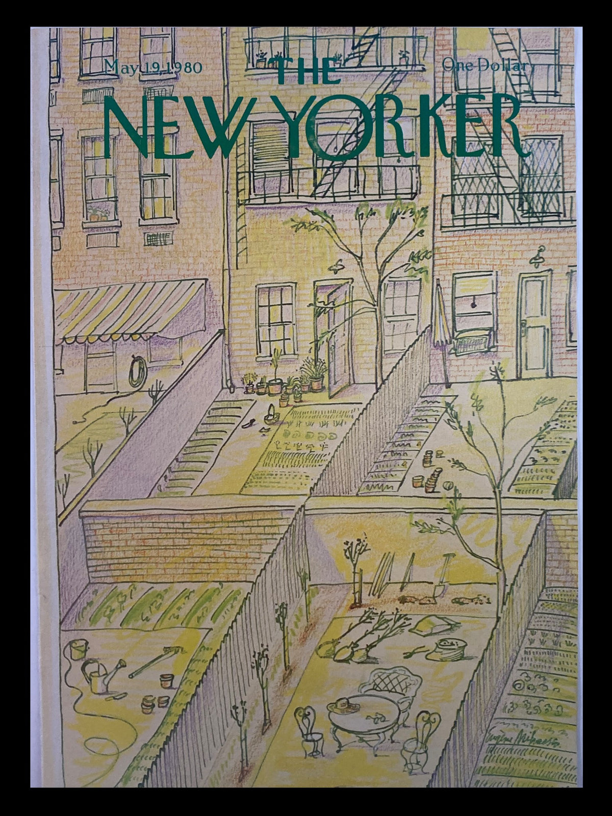 Cover of The New Yorker May 19, 1980 featuring a whimsical illustration of backyard gardening by Eugene Mihaesco, showcasing gardens, plants, and urban backyard scenes.