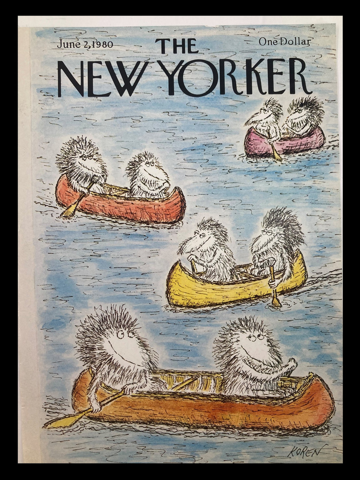 Cover art of The New Yorker from June 2, 1980, featuring whimsical illustrations of furry characters in colorful kayaks during a boat race, by Edward Koren.