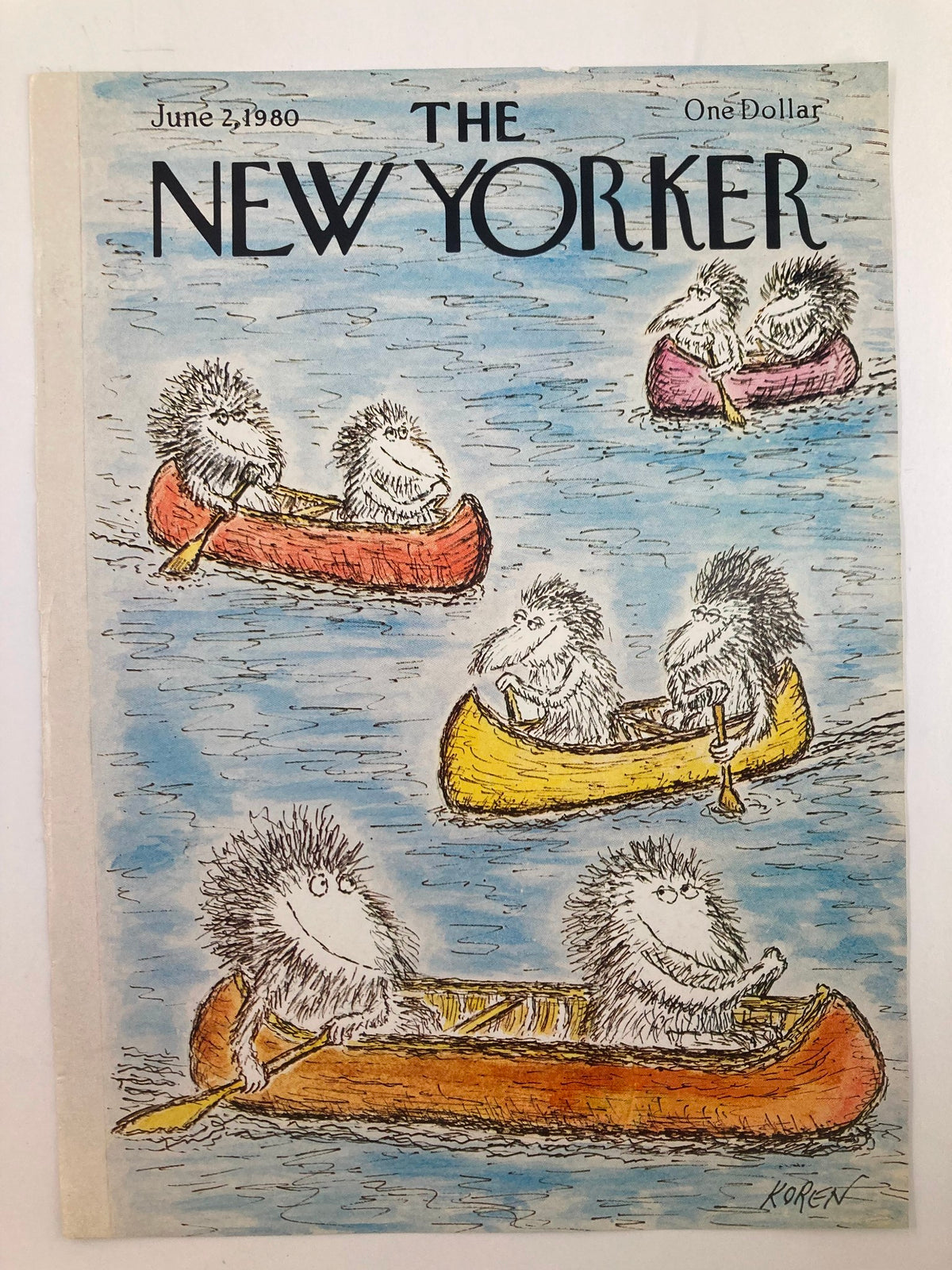 COVER ONLY The New Yorker June 2 1980 featuring whimsical artwork by Edward Koren, depicting playful creatures in colorful canoes on a blue water background.