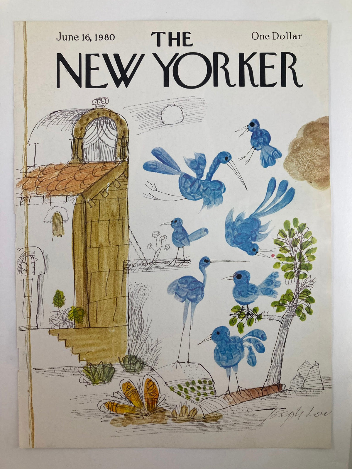 Cover Only of The New Yorker dated June 16, 1980, displaying whimsical blue birds illustrated by Joseph Lowe, ideal for collectors and art enthusiasts.