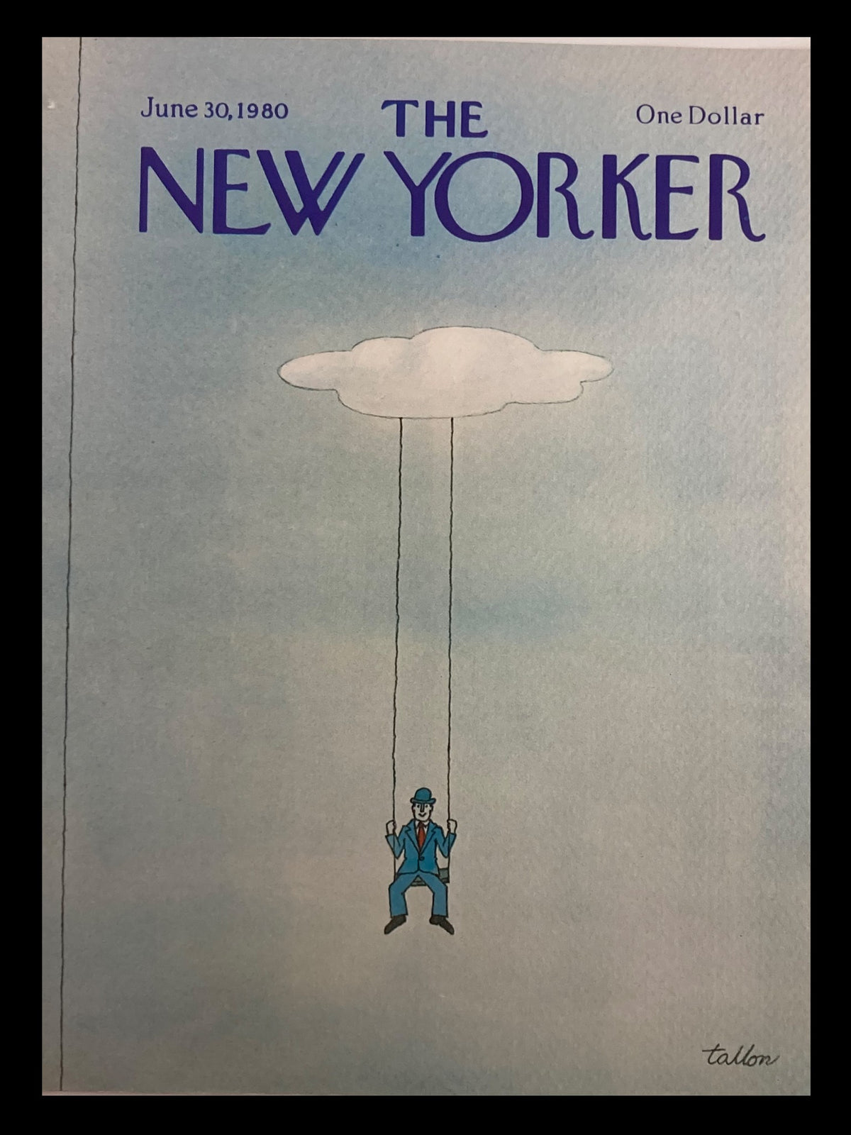 The New Yorker Cover June 30 1980 featuring artwork 'Hanging in the Clouds' by Robert Tallon, depicting a man in a blue suit suspended from a cloud.