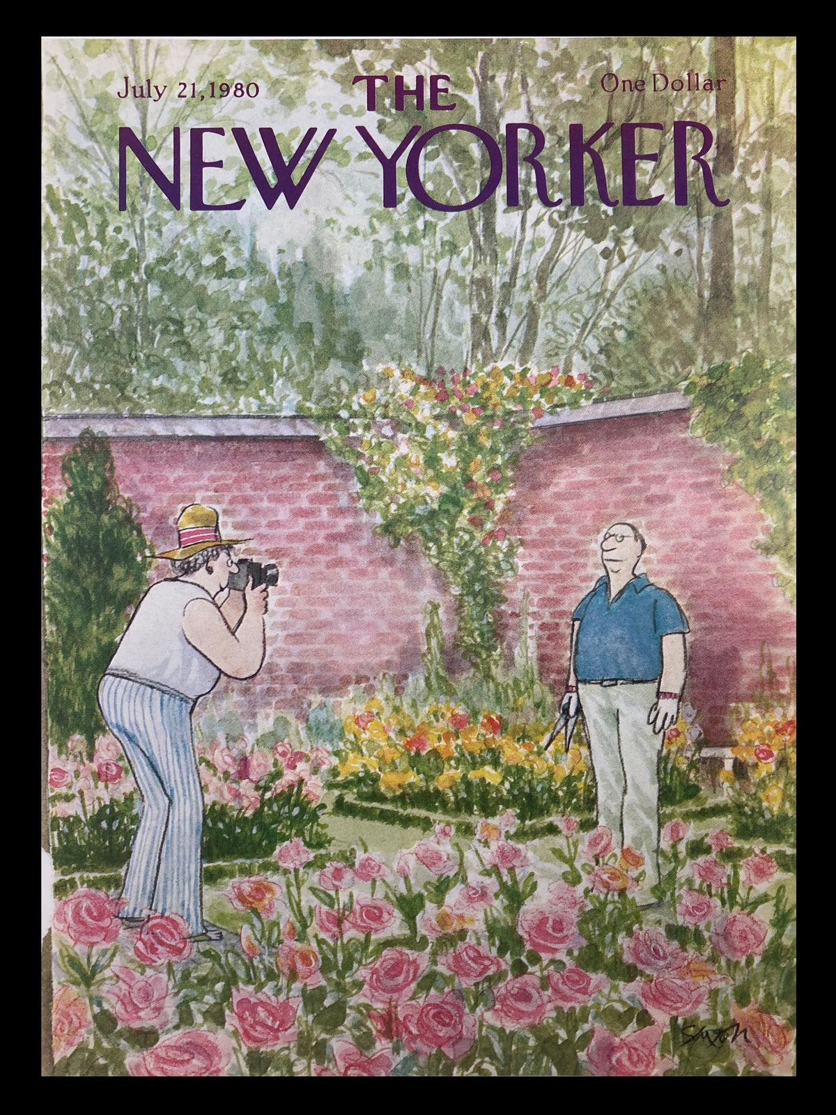Cover of The New Yorker dated July 21, 1980, featuring the illustration 'Flower's Blooming' by Charles Saxon, depicting a photographer in a floral garden.