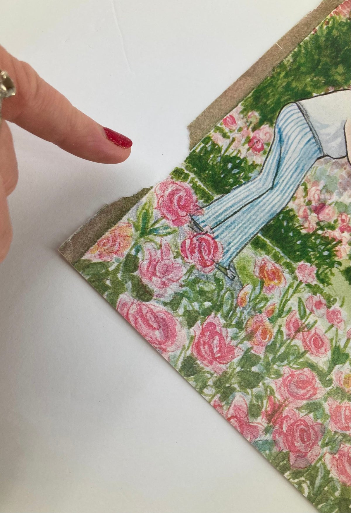 Close-up view of the corner of The New Yorker July 21, 1980 cover titled 'Flower's Blooming' by Charles Saxon, highlighting minor wear and a pink rose theme.