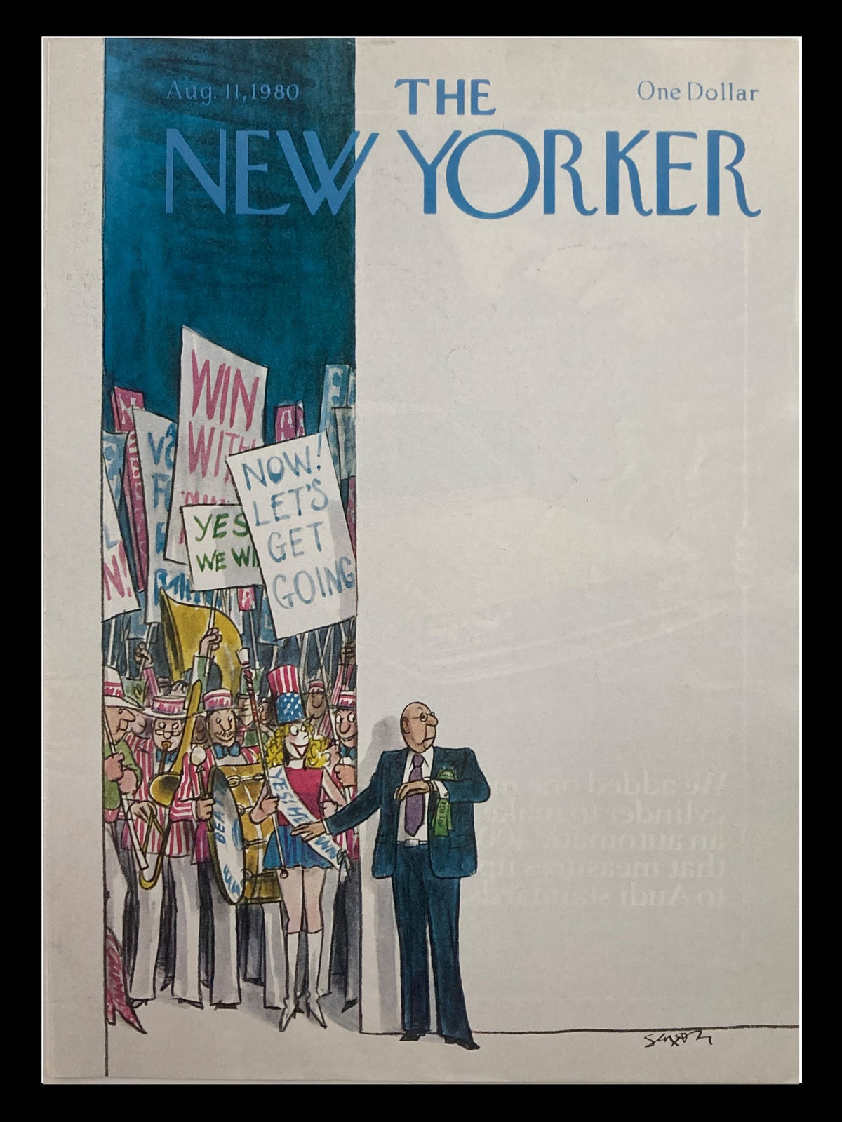 COVER ONLY The New Yorker August 11 1980, featuring whimsical art 'March of Bands' by Charles Saxon, showcasing a vibrant parade scene with musicians and signs, reflecting cultural commentary.