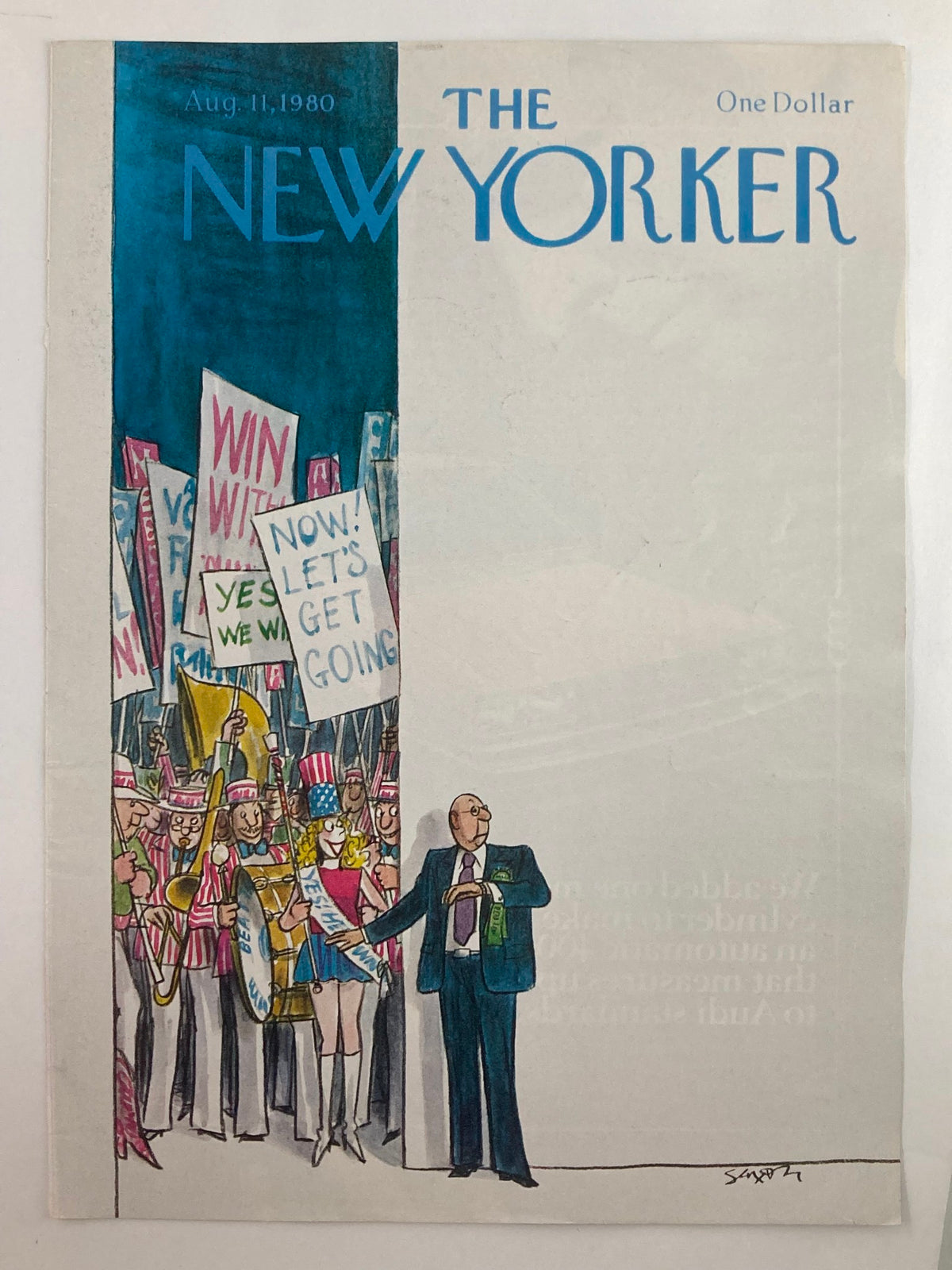 Cover of The New Yorker from August 11, 1980, titled 'March of Bands' by Charles Saxon, depicting a colorful parade scene with musicians and enthusiastic characters holding signs.