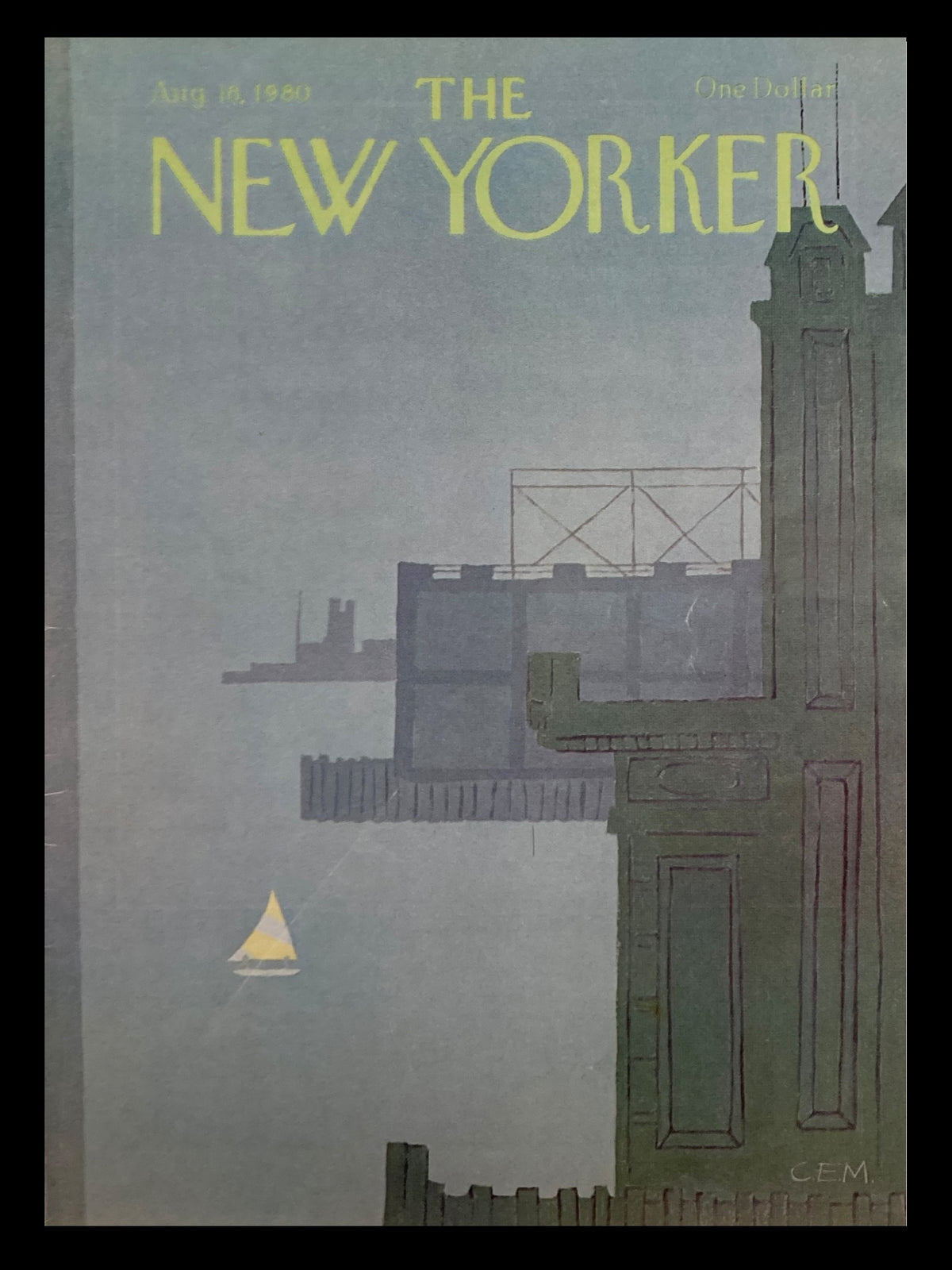 Cover of The New Yorker August 18, 1980, titled 'Sail Away' by Charles E. Martin, featuring a serene nautical scene with a small sailboat and a muted color palette.
