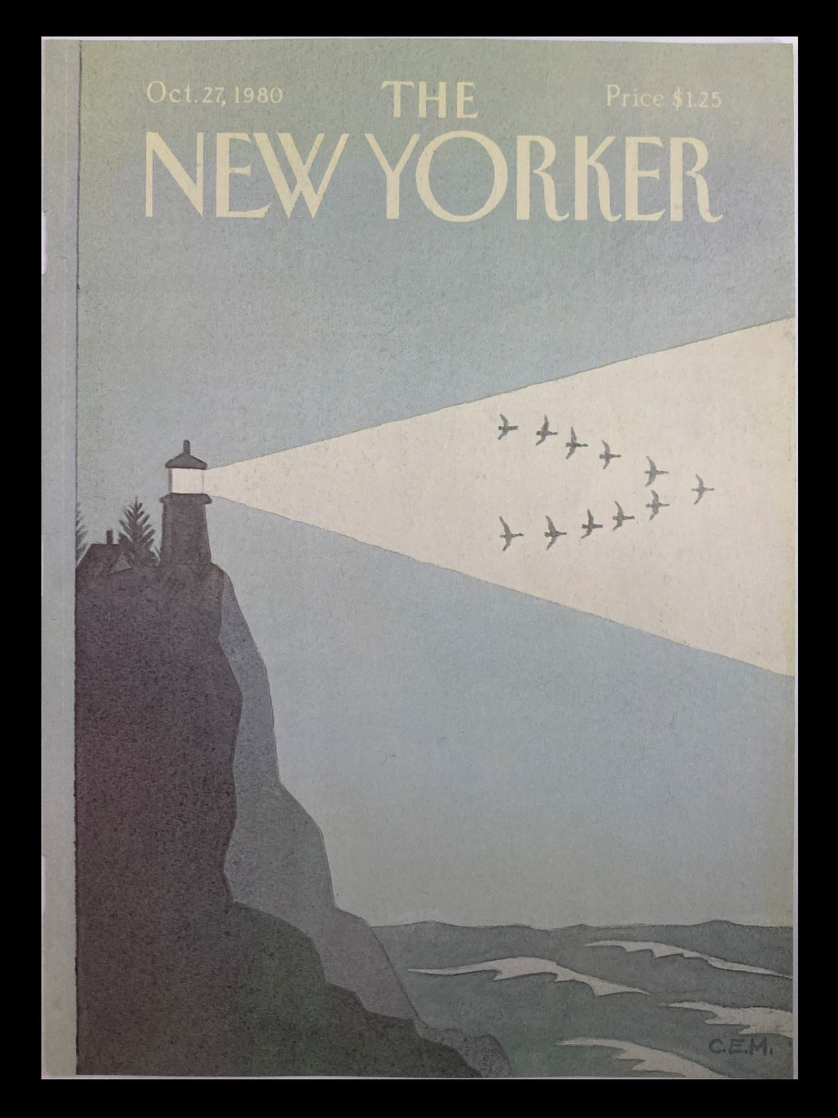 Cover of The New Yorker, October 27, 1980, featuring a lighthouse illustration by Charles E. Martin, depicting serene coastal imagery and flying birds.