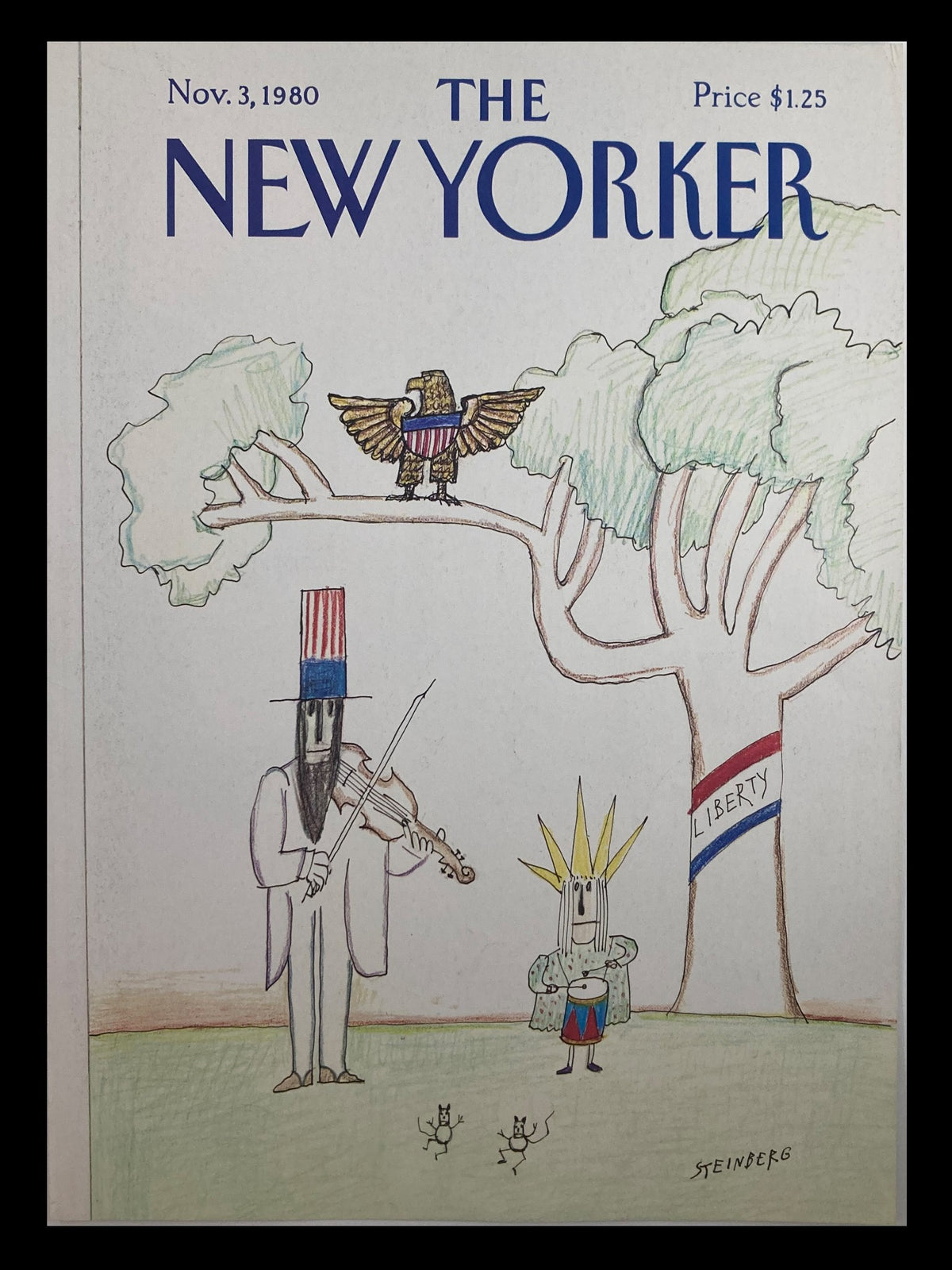 Cover of The New Yorker dated November 3, 1980 featuring Uncle Sam playing the violin with Lady Liberty holding a tambourine, illustrated by Saul Steinberg.