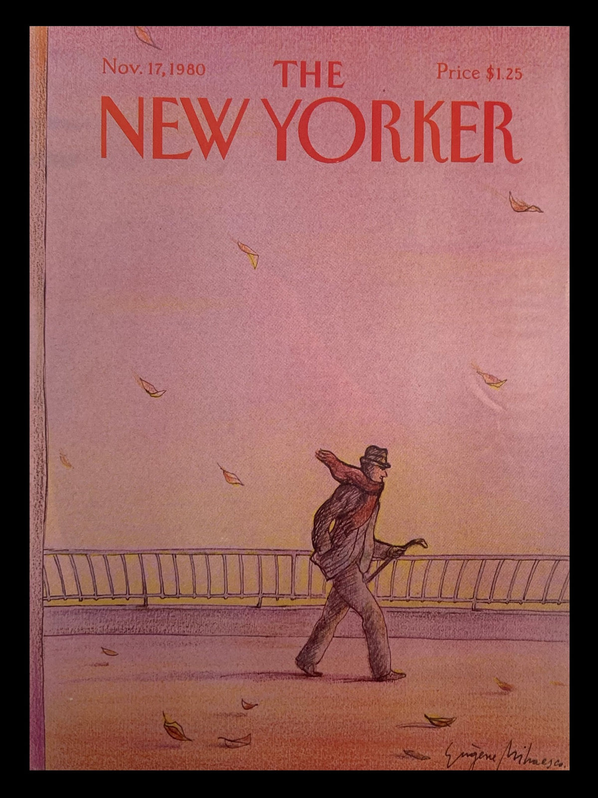 COVER ONLY The New Yorker November 17 1980 featuring artwork by Eugene Mihaesco, depicting a man walking in windy weather with falling leaves.