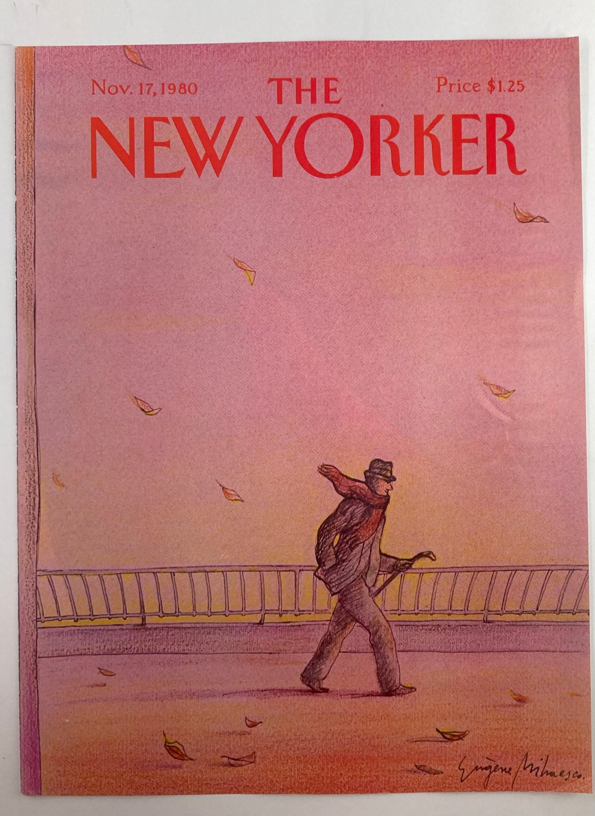COVER ONLY The New Yorker November 17 1980 showcasing Eugene Mihaesco's illustration of a man braving the wind, surrounded by autumn leaves.