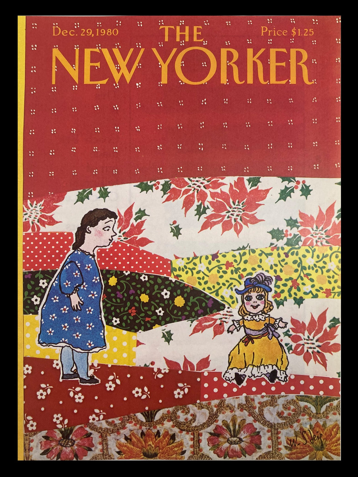 Vintage cover of The New Yorker dated December 29, 1980, featuring an illustration by William Steig of a girl and her doll, set against a colorful patchwork background.