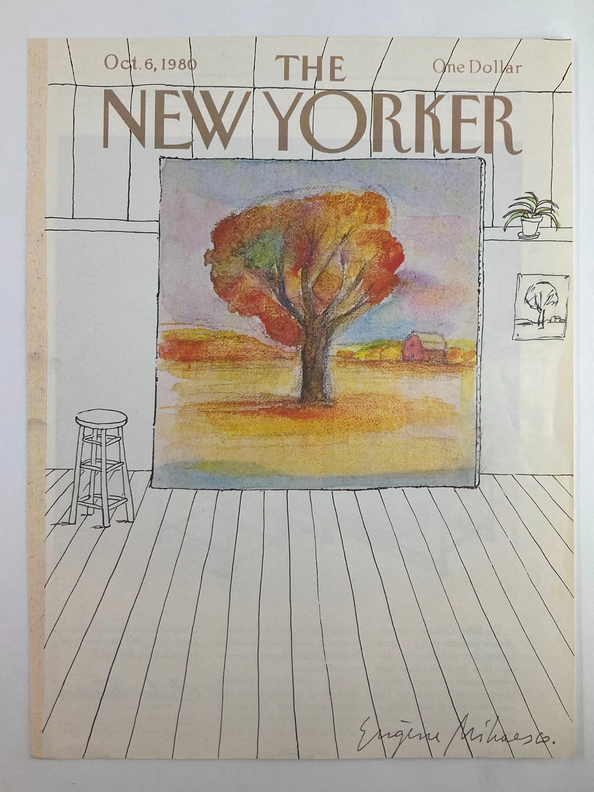 Cover only of The New Yorker from October 6, 1980 by Eugene Mihaesco, depicting a vibrant tree painting in warm fall colors, set in an art gallery with minimalist decor.