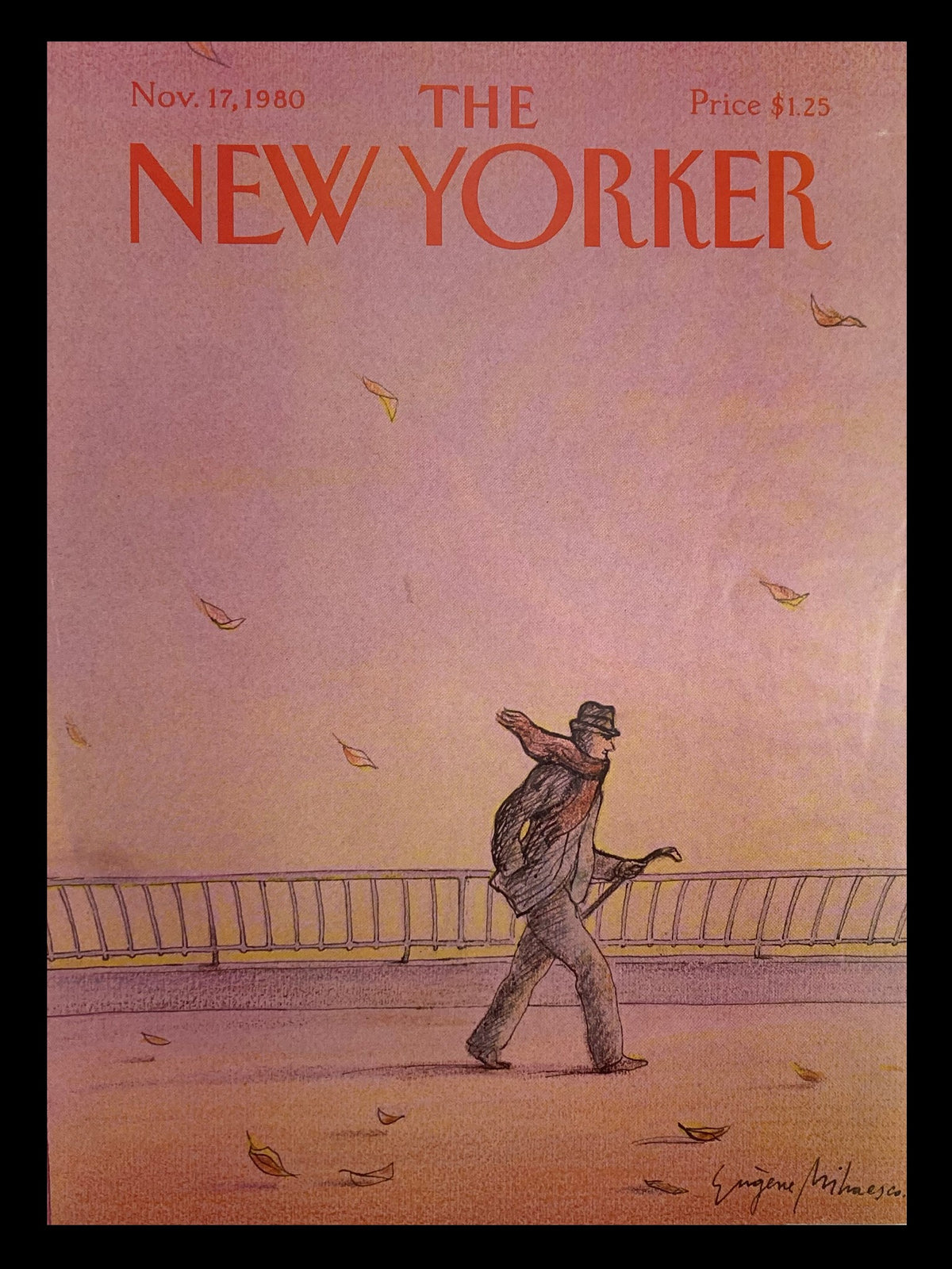 Cover of The New Yorker, November 17, 1980, titled 'Walking Windy' by Eugene Mihaesco featuring a man walking with an umbrella against a backdrop of autumn leaves.