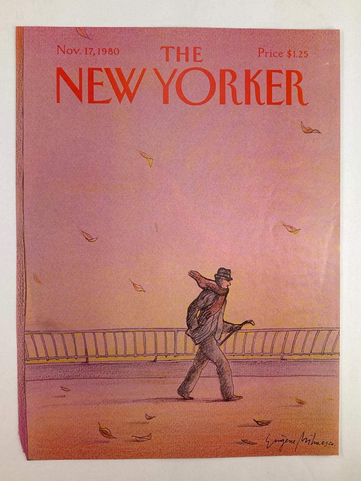 Another view of The New Yorker cover from November 17, 1980, 'Walking Windy' by Eugene Mihaesco, showcasing the whimsical autumn theme and artistic details.