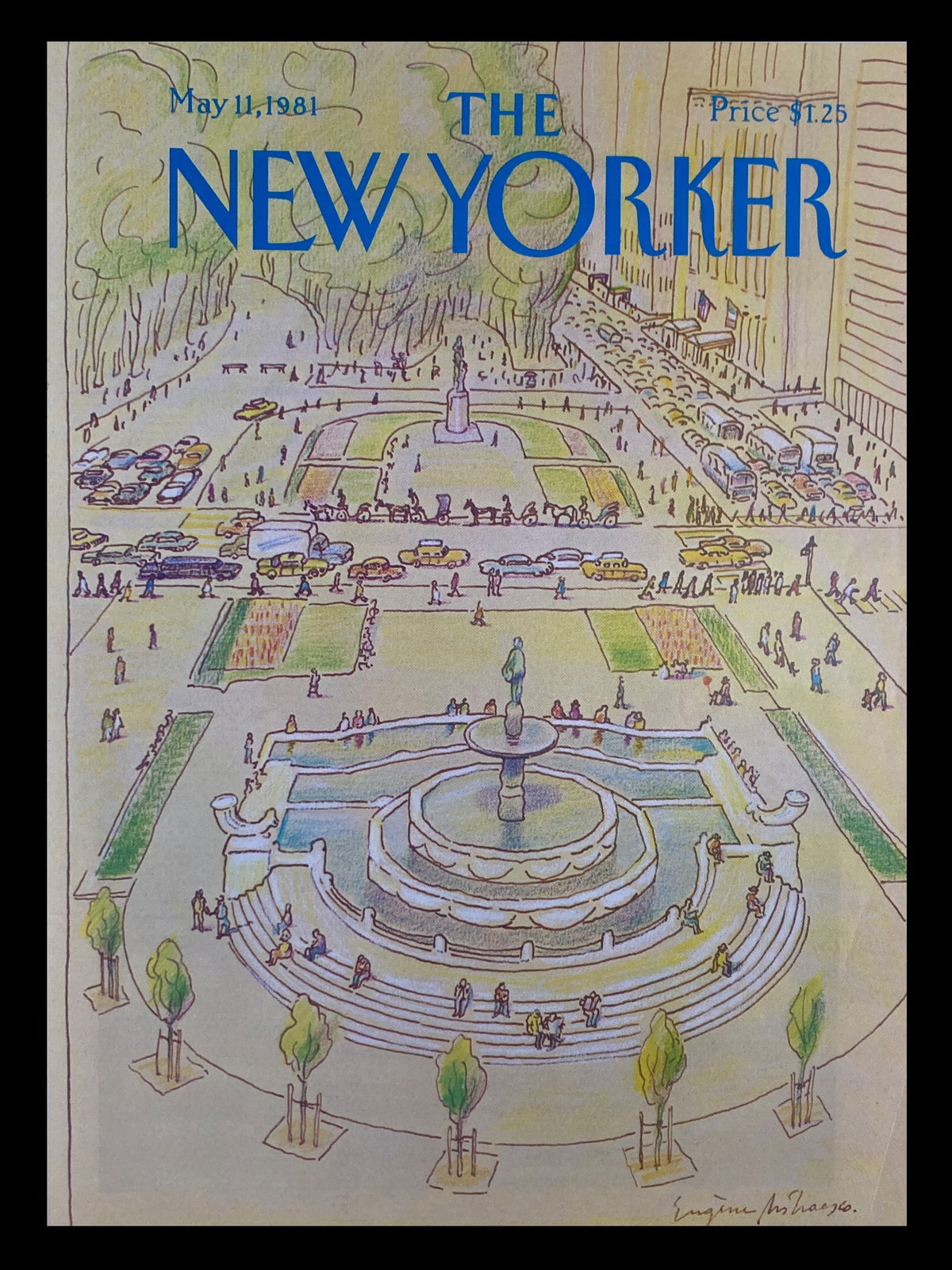 Vintage cover of The New Yorker dated May 11, 1981, illustrated by Eugene Mihaesco, depicting a vibrant scene of the Plaza New York with people, cars, and greenery, highlighting the artistic charm of the era.
