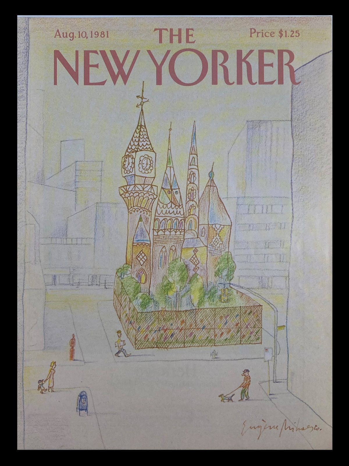COVER ONLY The New Yorker August 10 1981 featuring the Corner House illustration by Eugene Mihaesco, showcasing a charming urban scene with people, trees, and buildings.