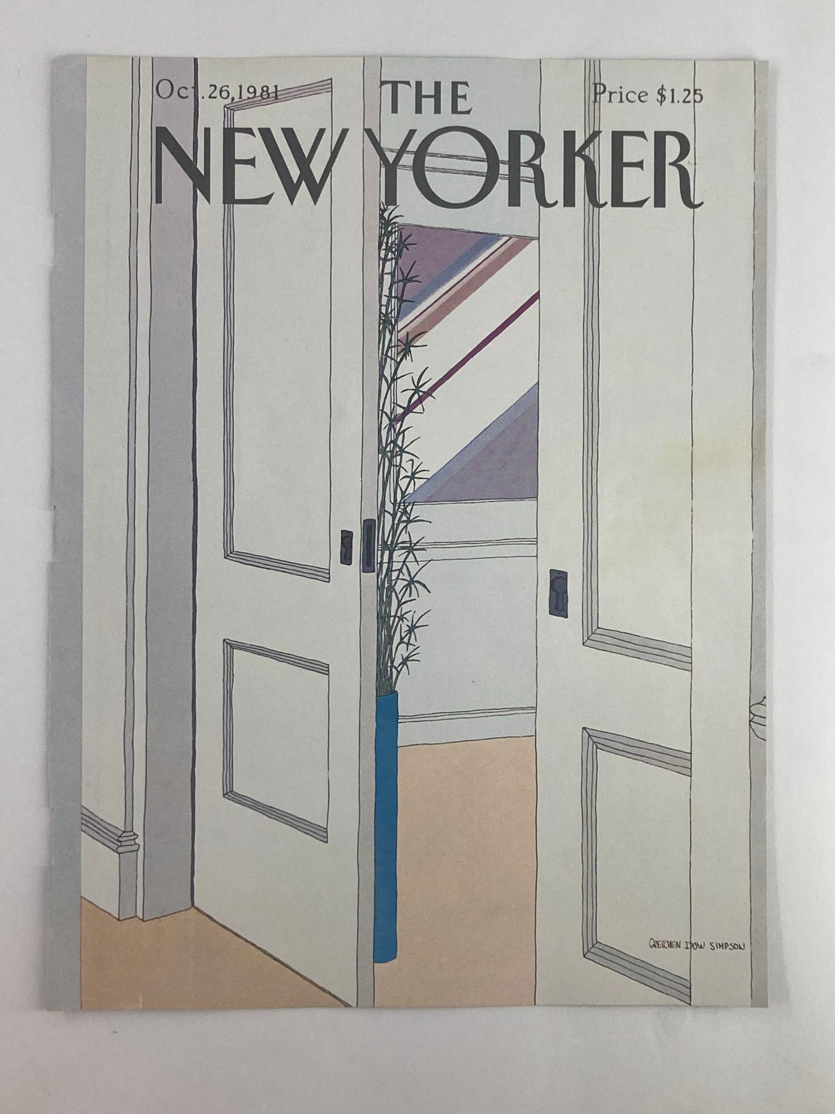 Front view of The New Yorker magazine cover dated October 26, 1981, showcasing the illustration 'Open Door' by Gretchen Dow Simpson, featuring open doors and a simple interior design.