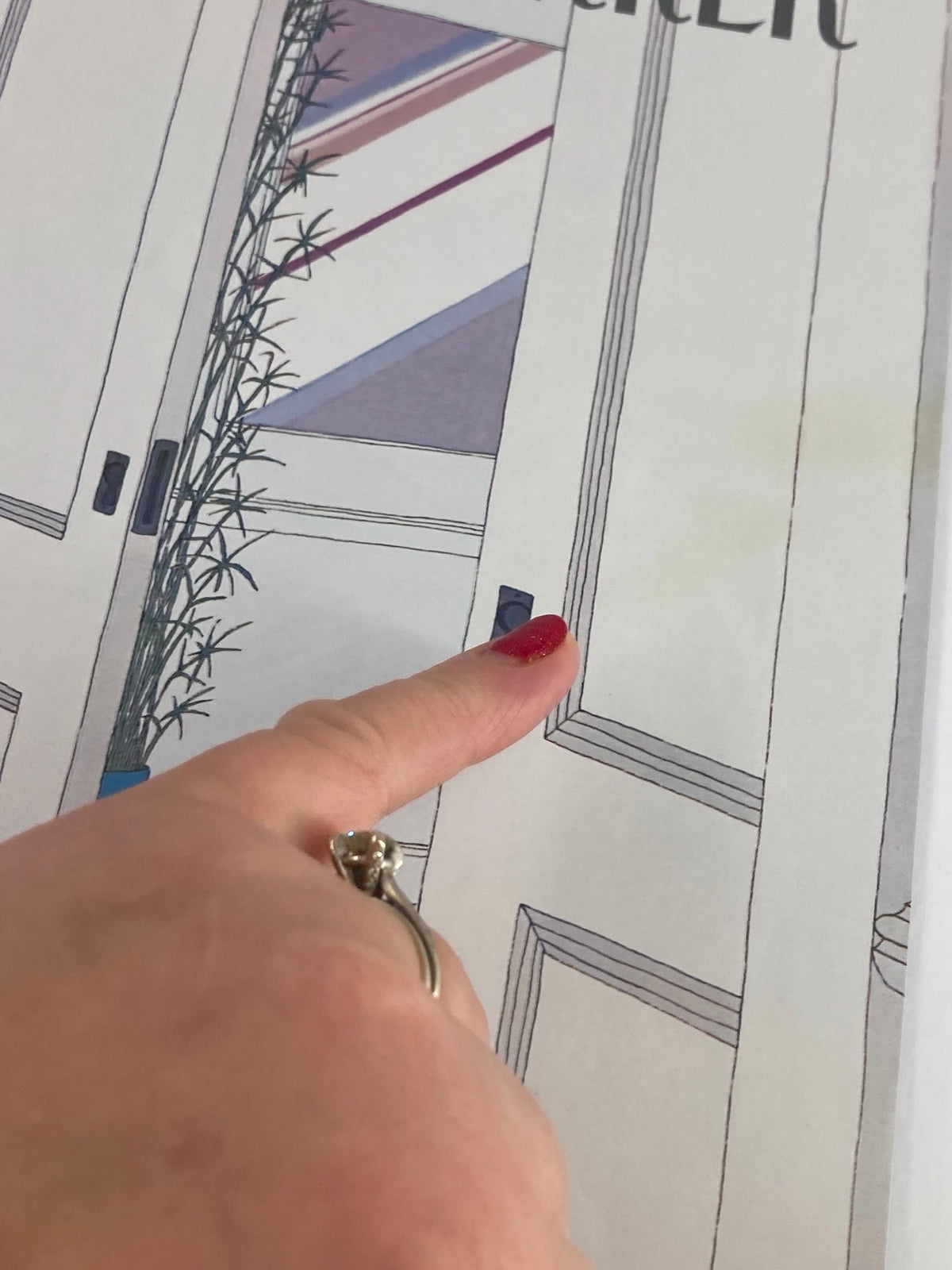 Close-up detail of The New Yorker cover from October 26, 1981, illustrating 'Open Door' by Gretchen Dow Simpson, with a hand pointing at the door handle, emphasizing the artwork's detail.