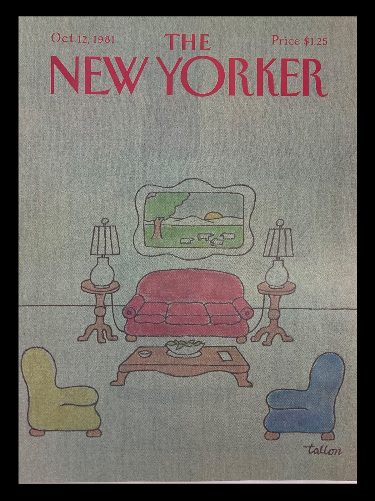 Cover of The New Yorker dated October 12, 1981, featuring an illustration of a fine living room by Robert Tallon, showcasing colorful furniture and a serene landscape painting.