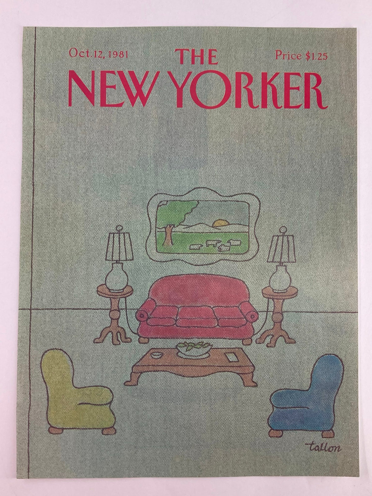 Cover only of The New Yorker from October 12, 1981, featuring a fine living room illustration by Robert Tallon, depicting a cozy interior with colorful chairs, a red sofa, and a coffee table.