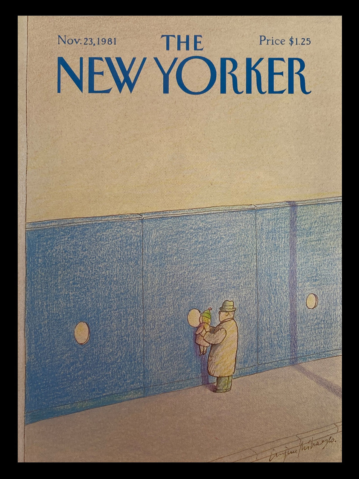 Cover Only The New Yorker November 23, 1981 featuring the illustration "What's in the Hole?" by Eugene Mihaesco, depicting a child and adult observing a blue wall with circular openings.