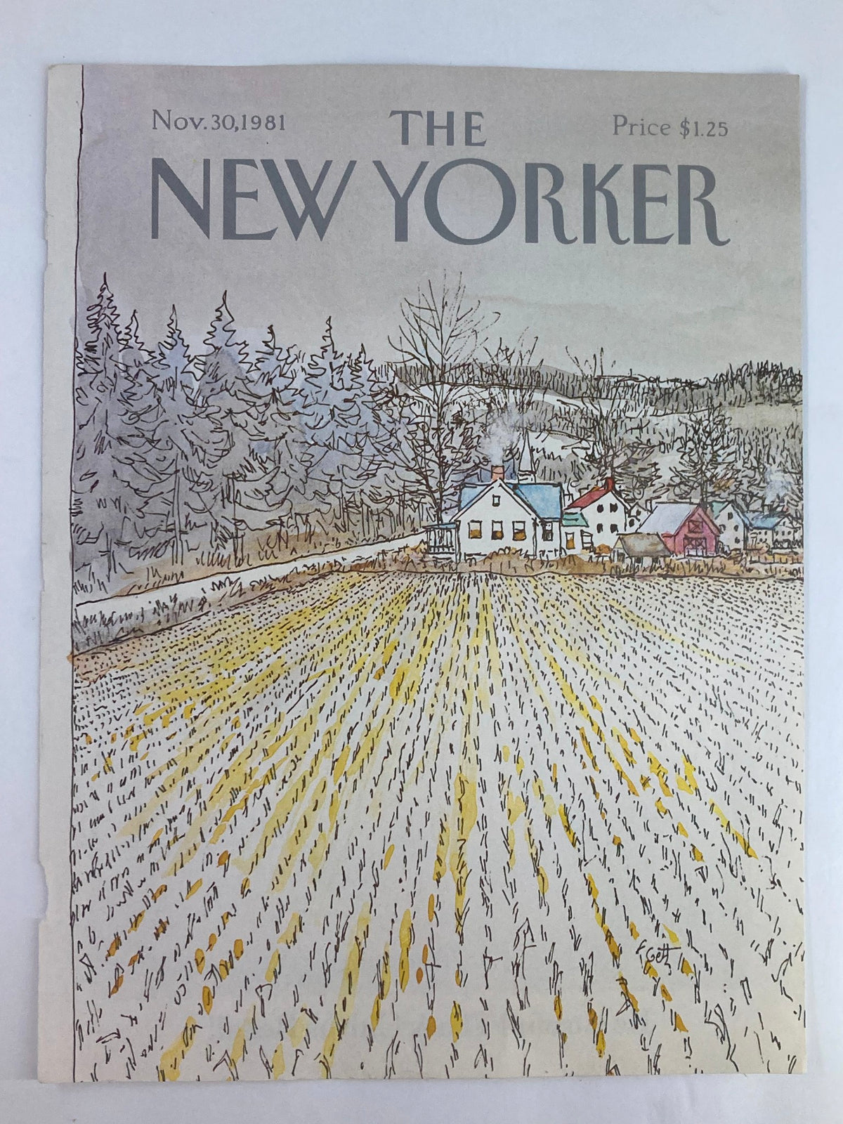 COVER ONLY The New Yorker November 30 1981 featuring 'Rice Fields' by Arthur Getz, highlighting vintage art with a focus on rural landscapes and charming homes.