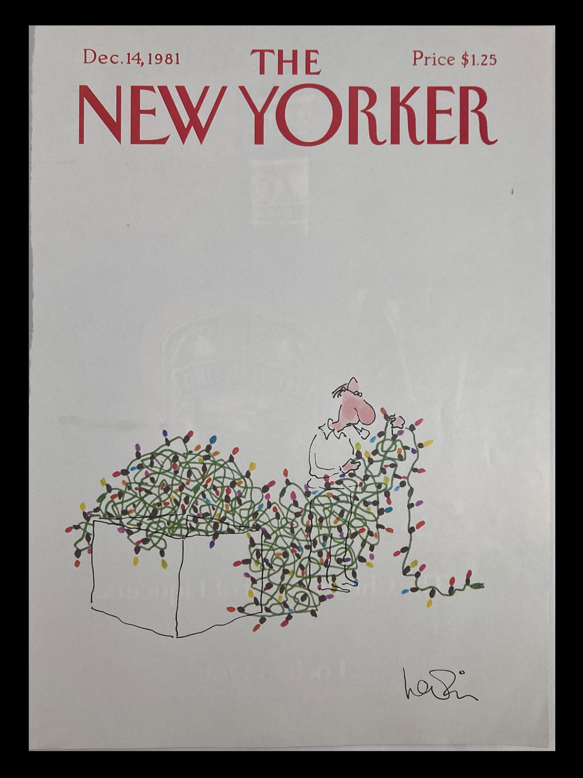 Cover of The New Yorker December 14, 1981 titled 'Preparing Lights' by Heidi Goennel, featuring a cartoon character tangled in colorful Christmas lights.