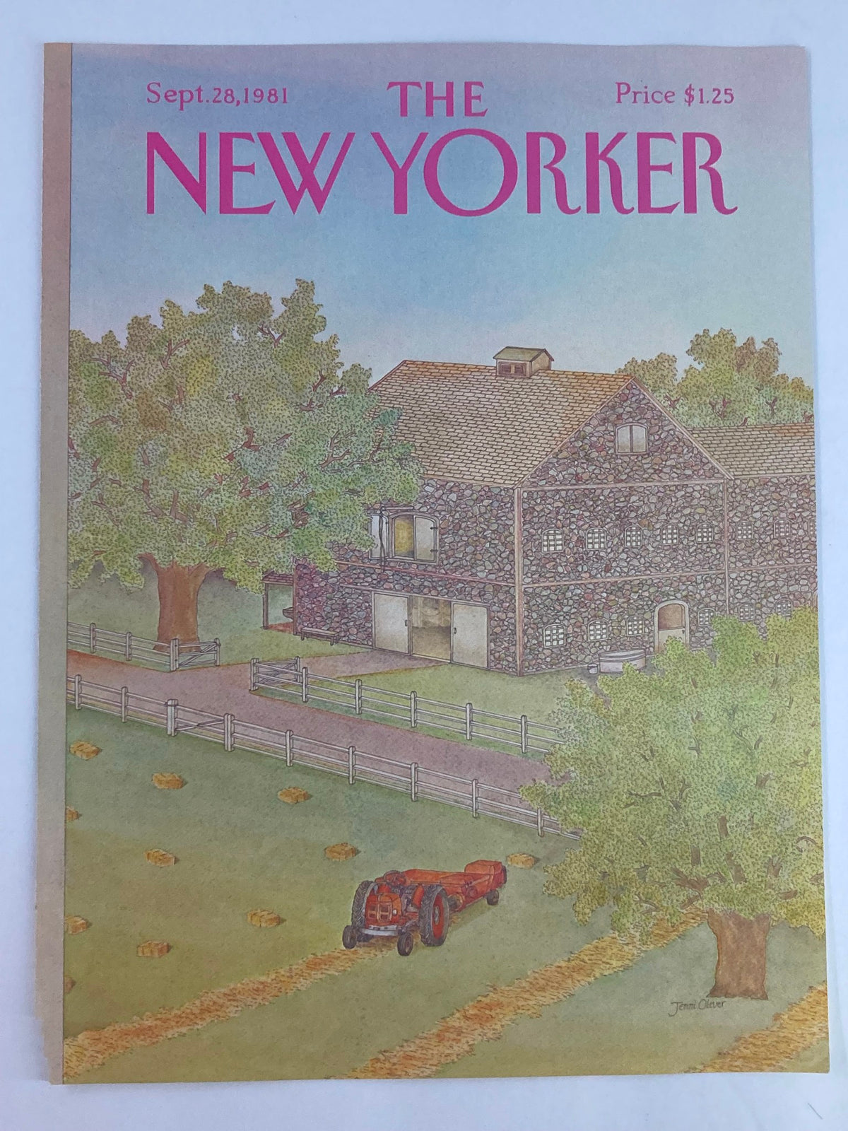 Cover only of The New Yorker magazine, dated September 28, 1981, featuring a colorful illustration titled 'Farm Life' by Jenni Oliver, depicting a tranquil rural landscape with a tractor and a stone barn.