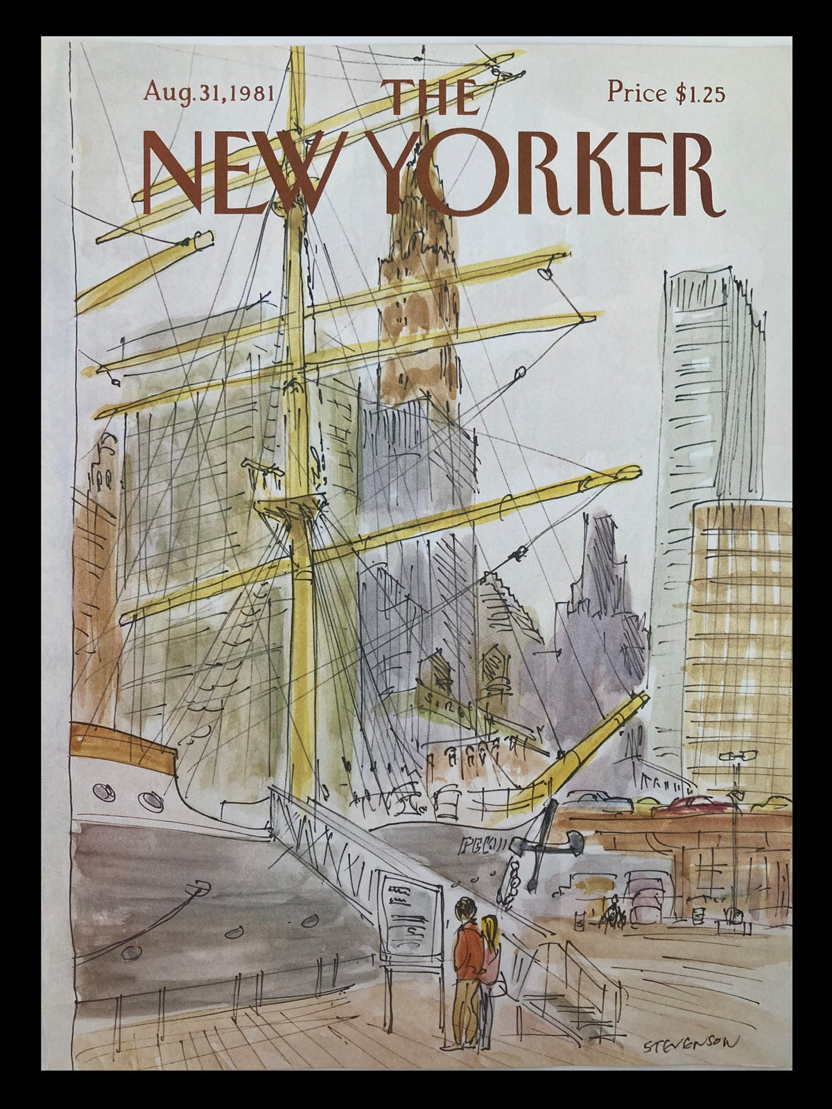 The New Yorker August 31 1981 magazine cover featuring artwork by James Stevenson, depicting a couple near a ship, showcasing an elegant urban scene.