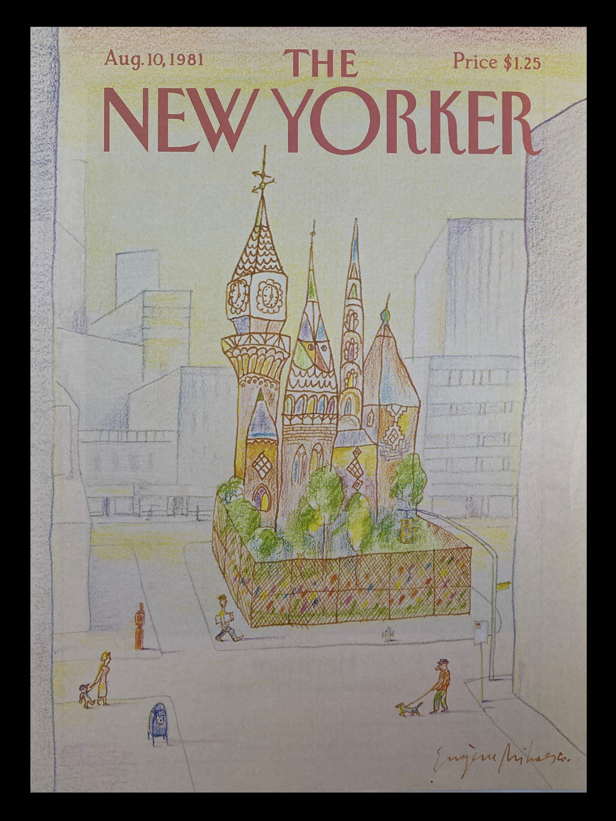 Cover of The New Yorker from August 10, 1981, featuring the illustration titled 'Corner Lot' by Eugene Mihaesco, depicting a whimsical city scene with distinctive architecture and pedestrians.