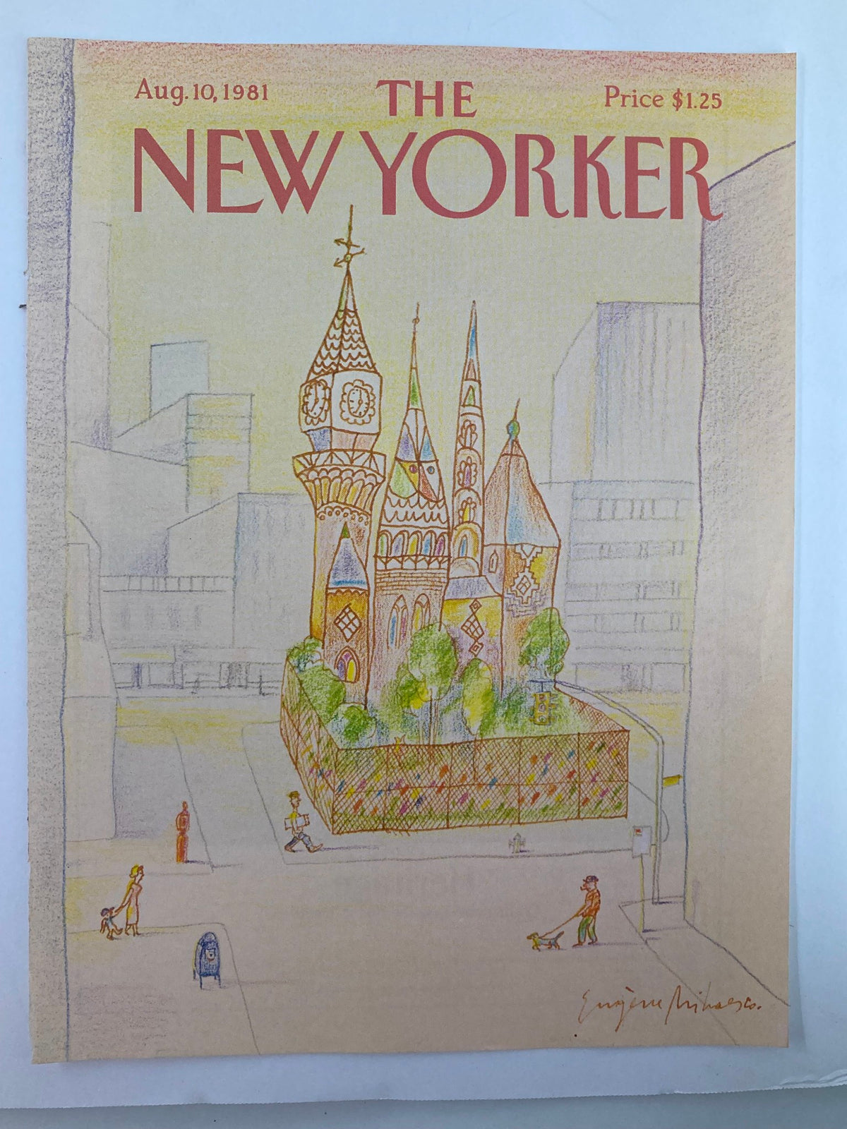COVER ONLY of The New Yorker August 10 1981 featuring the illustration 'Corner Lot' by Eugene Mihaesco, depicting a whimsical urban scene with a unique architectural structure and people walking dogs.