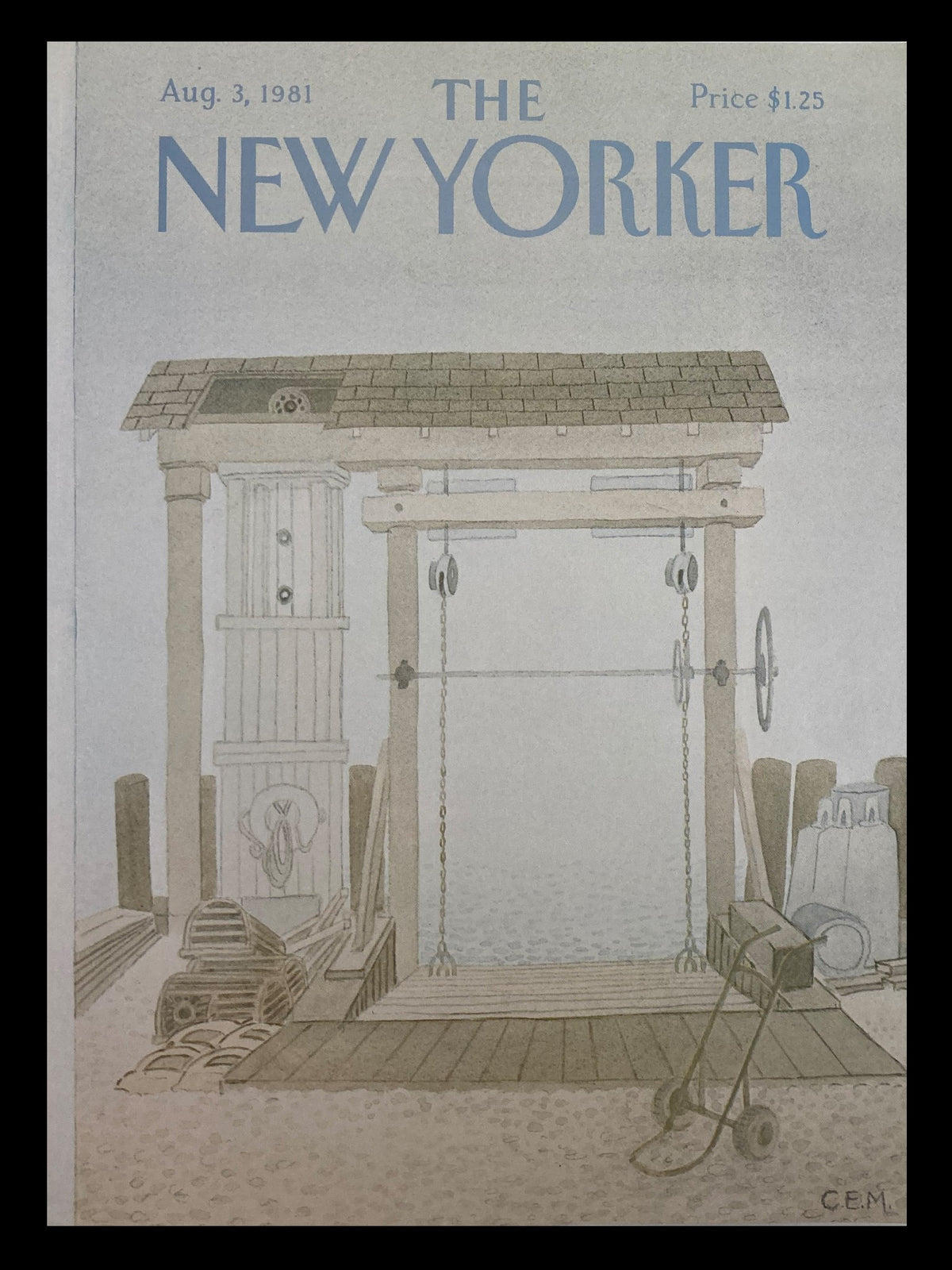 The New Yorker Cover August 3 1981 showcasing artwork by Charles E. Martin, depicting a vintage fitness scene with exercise equipment and a serene background.