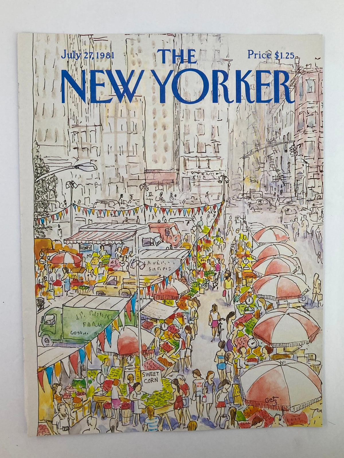 Front cover of The New Yorker July 27 1981 depicting the artwork 'Beach Stalls' by Arthur Getz, illustrating a lively marketplace scene with shoppers and stalls adorned with colorful banners.