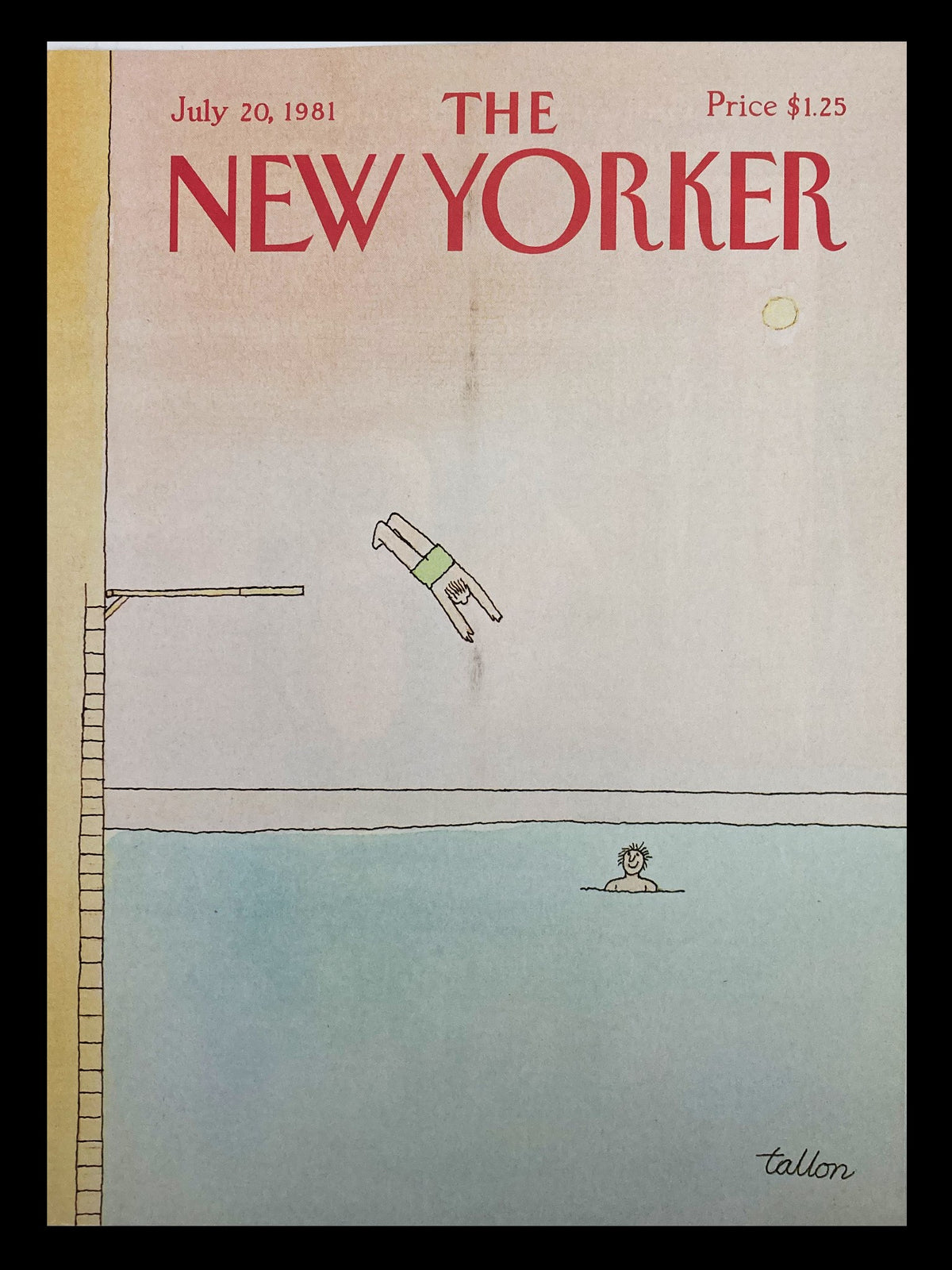 Cover of The New Yorker July 20, 1981 titled 'Free Diving' by Robert Tallon, featuring a diver jumping into a pool with a swimmer visible beneath the water.