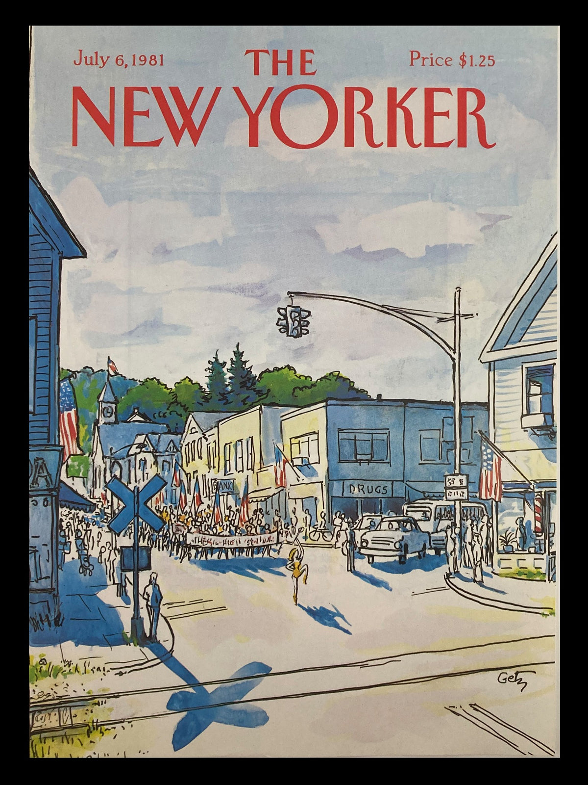 Cover of The New Yorker dated July 6, 1981, illustrating a Town Parade by Arthur Getz, featuring a colorful small-town street scene with flags and crowds.