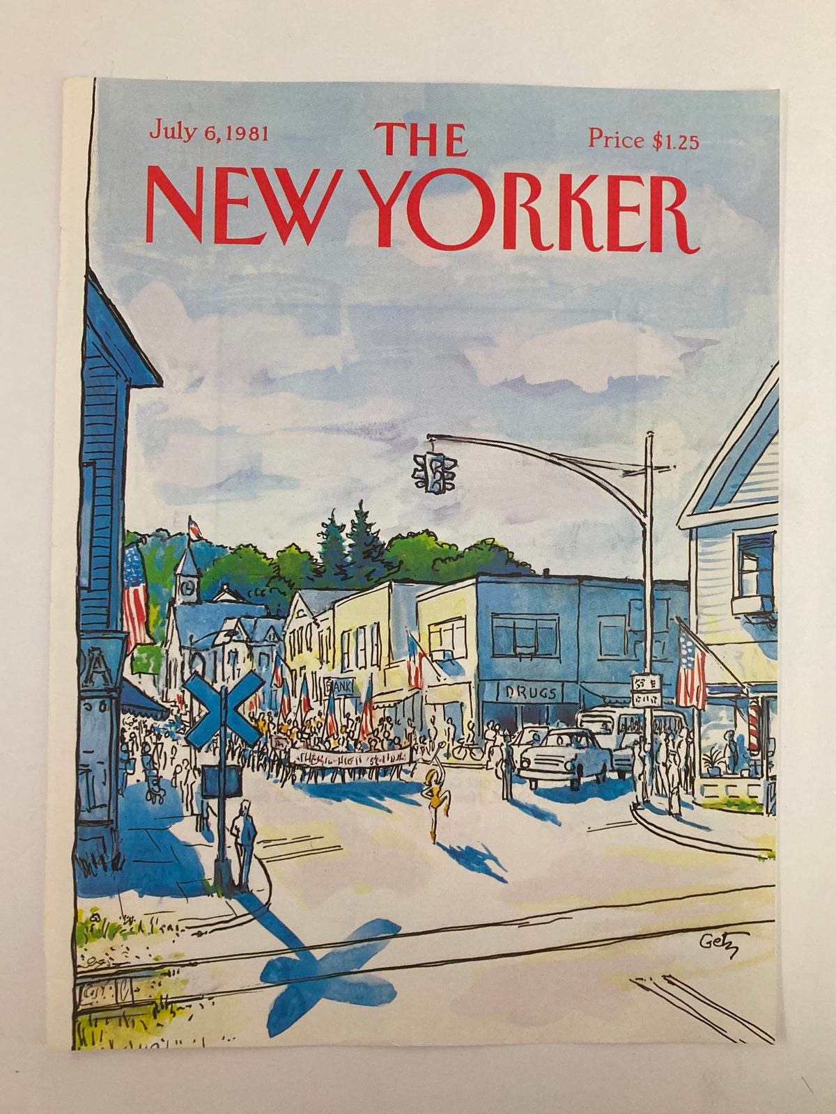 Cover of The New Yorker July 6, 1981, displaying a Town Parade illustration by Arthur Getz, depicting a vibrant small-town atmosphere with pedestrians, buildings, and American flags.