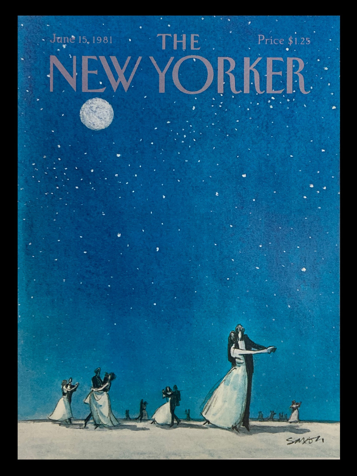 COVER ONLY The New Yorker June 15 1981 Dancing in the Moonlight by Charles Saxon, featuring a serene moonlit scene with elegantly dressed figures dancing under a starry sky.