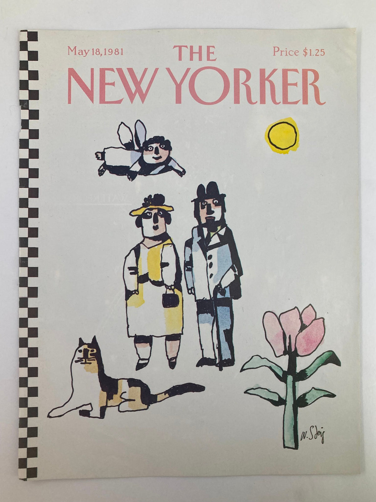 COVER ONLY The New Yorker May 18 1981 Watch it Grow by William Steig, showcasing playful artwork with people, a cat, and a flower in a colorful design.