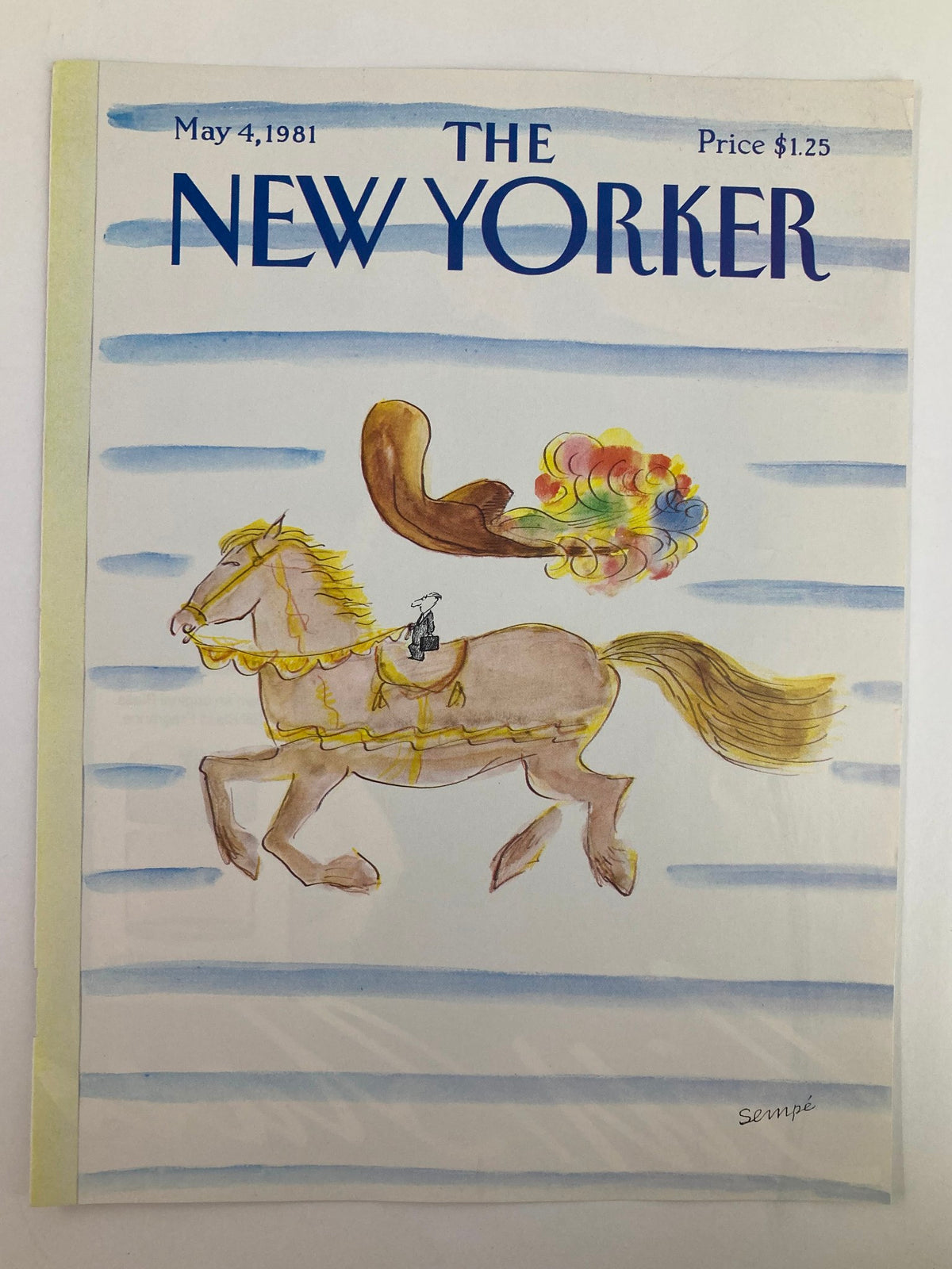 The New Yorker Cover May 4 1981 showcasing 'Tiny Cowboy' by J. J. Sempe, illustrating a humorous scene with a cowboy riding a horse among vibrant clouds.