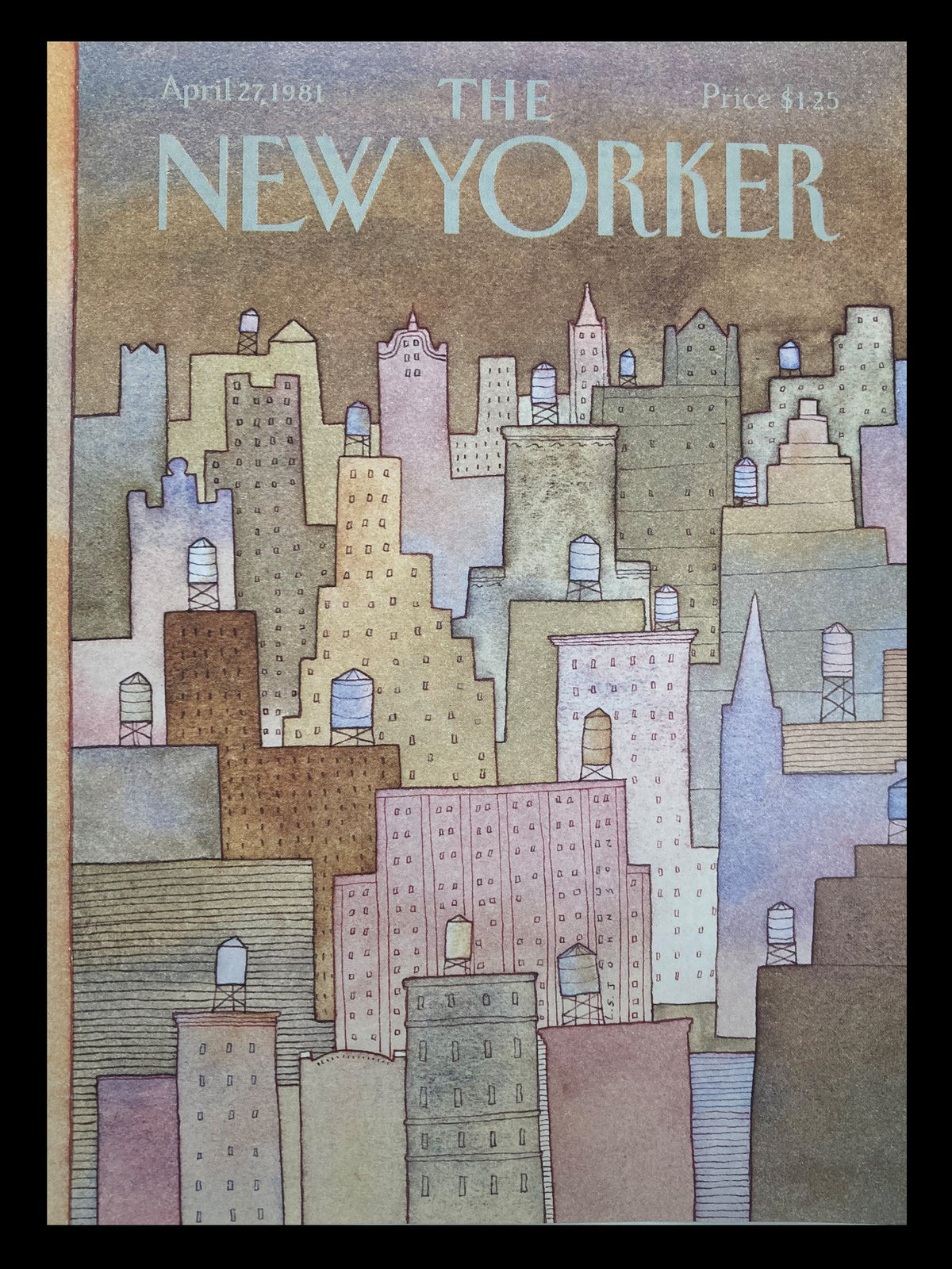 Cover art of The New Yorker from April 27, 1981, featuring an illustration of rooftop buildings by Lonni Sue Johnson.