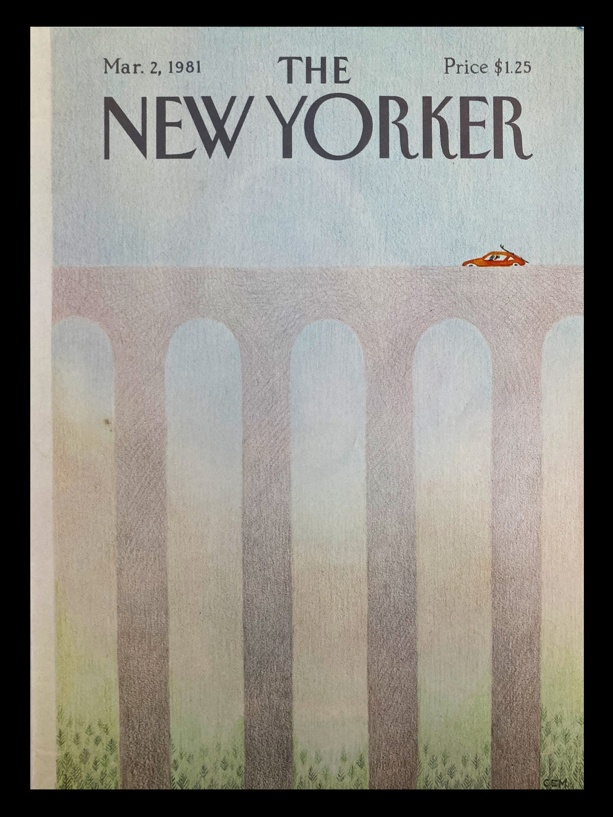 The New Yorker cover from March 2, 1981, titled 'Over the Bridge' by Charles E. Martin, featuring a serene illustration of arches and a distant car.
