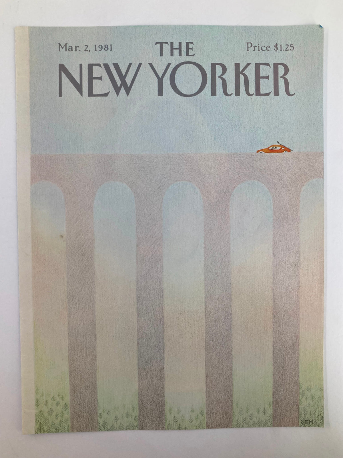 The New Yorker cover for March 2, 1981, showing the artwork 'Over the Bridge' by Charles E. Martin, depicting a scenic view with arches and a small orange car.