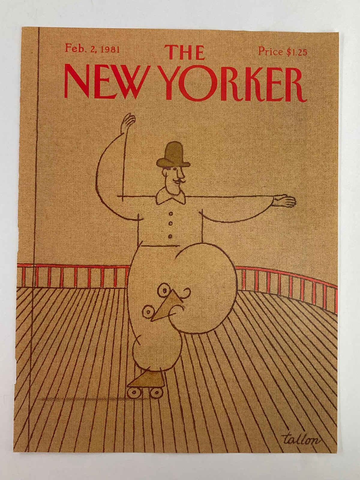 The New Yorker cover dated February 2, 1981, showcasing a playful mime in roller skates, designed by Robert Tallon.