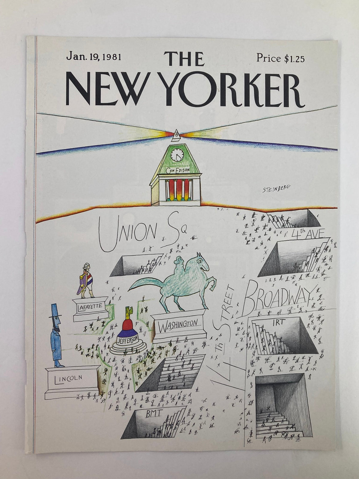 Cover of The New Yorker January 19, 1981, displaying Saul Steinberg's creative depiction of Union Square Street, including historical figures and landmarks, capturing the essence of early 1980s New York.
