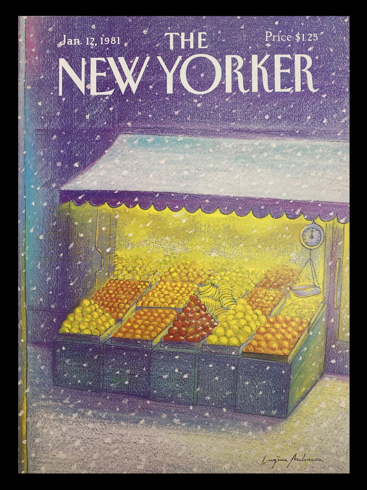 The New Yorker cover dated January 12, 1981, illustrating a vibrant fruit stand with colorful fruits under snow, created by artist Eugene Mihaesco.