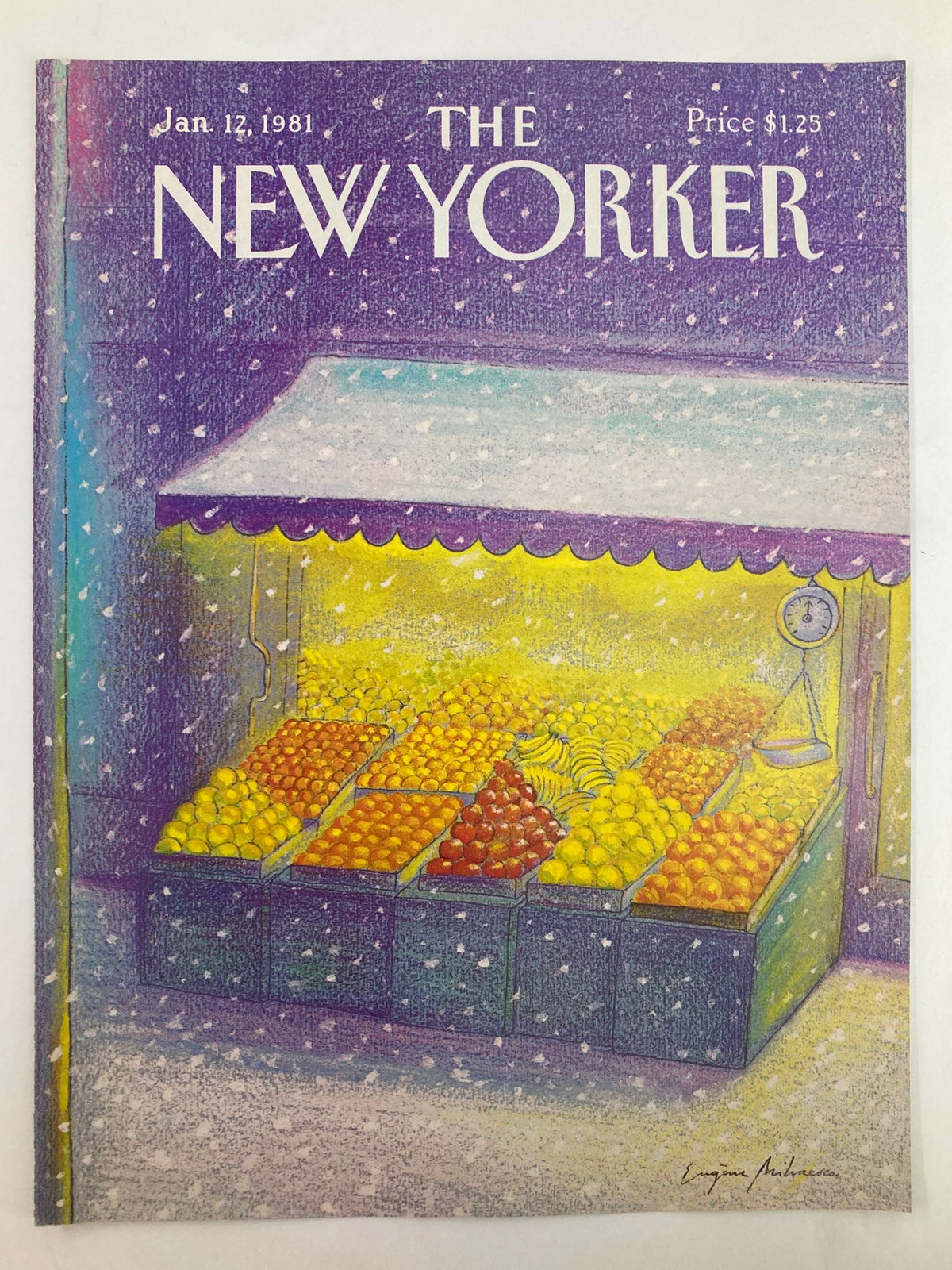 Cover of The New Yorker dated January 12, 1981, featuring an illustration of a vibrant fruit stand by Eugene Mihaesco. The cover depicts colorful fruit displays under a snowy backdrop.
