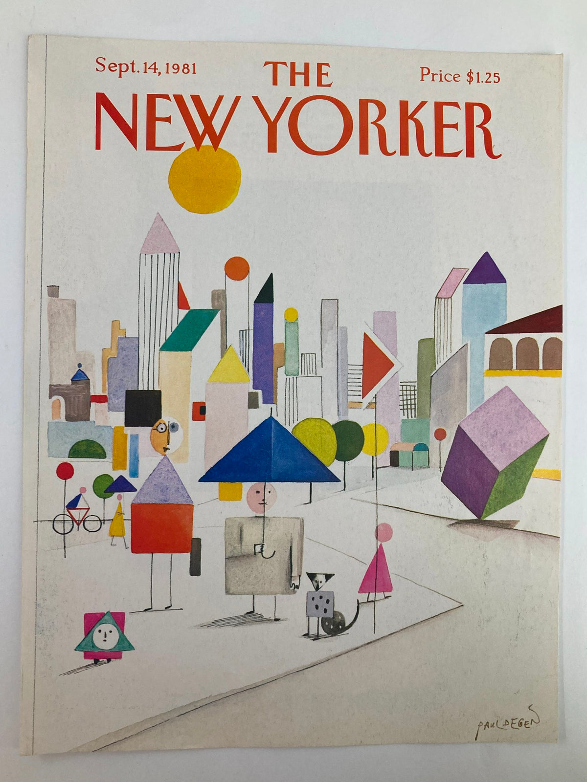The New Yorker September 14 1981 cover displaying geometric shapes by Paul Degen, with playful illustrations of abstract figures and buildings in a lively urban setting.