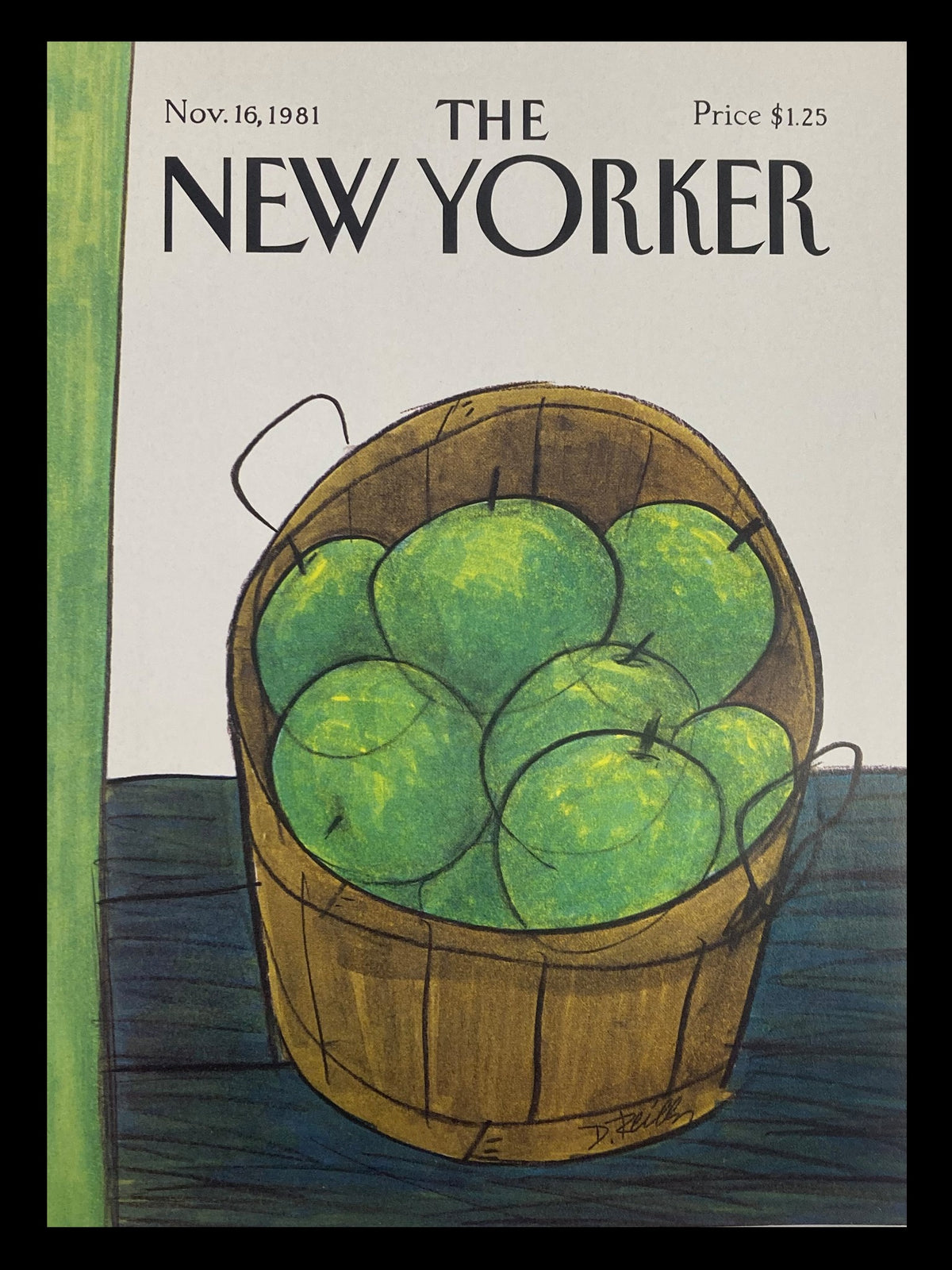 The New Yorker cover from November 16, 1981 featuring a bucket of apples illustrated by Donald Reilly, showcasing vibrant green apples in a wooden basket.